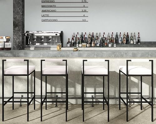 Miniatura 8 de CIMOTA White Modern - Juego de 4 taburetes de bar con respaldo bajo, taburetes de barra de lino altos, sillas de bar tapizadas, taburetes de