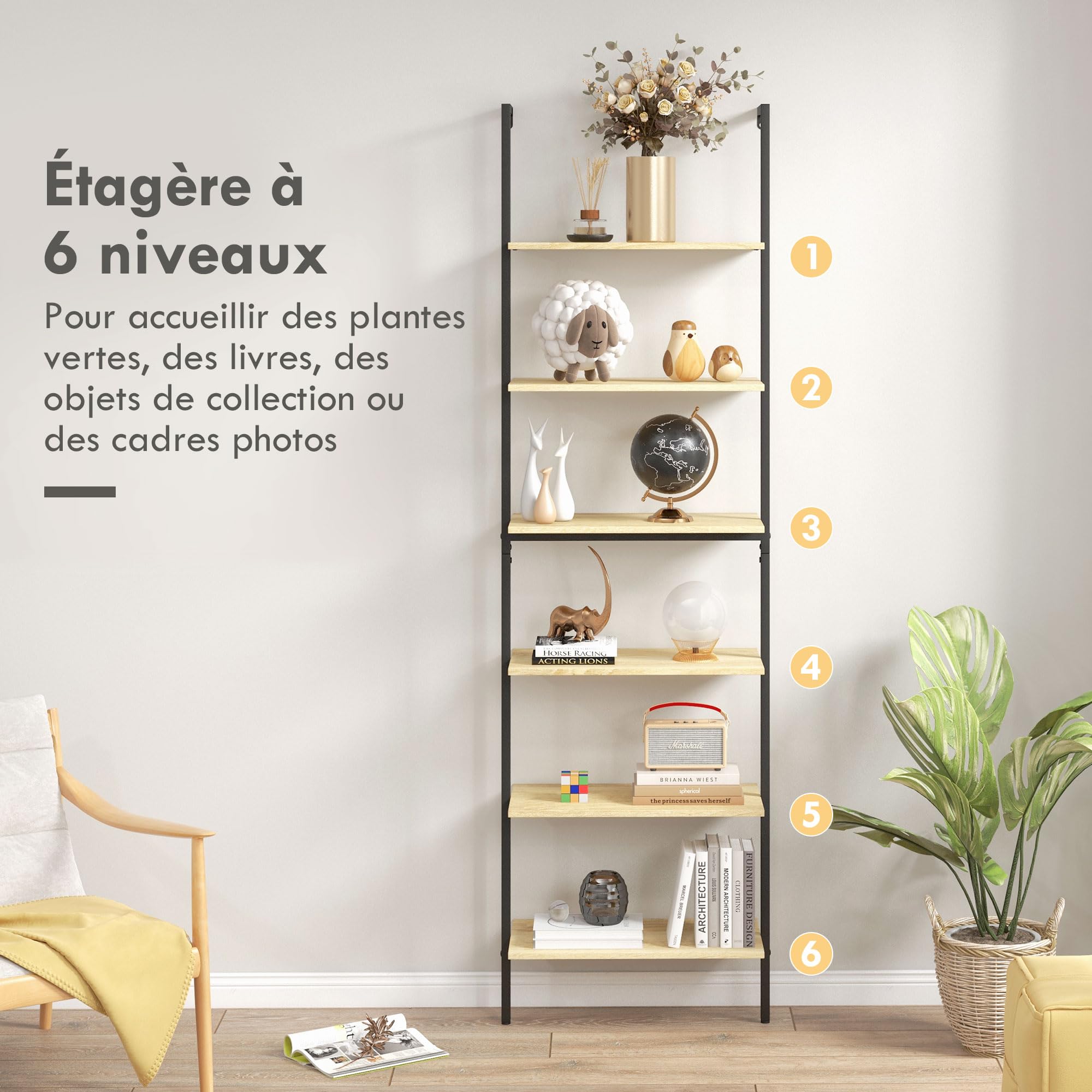 HOMCOM Scaffale scala da parete libreria scaffale portaoggetti stile industriale 6 ripiani in acciaio nero effetto legno naturale - dim. 60L x 30L x 206H cm