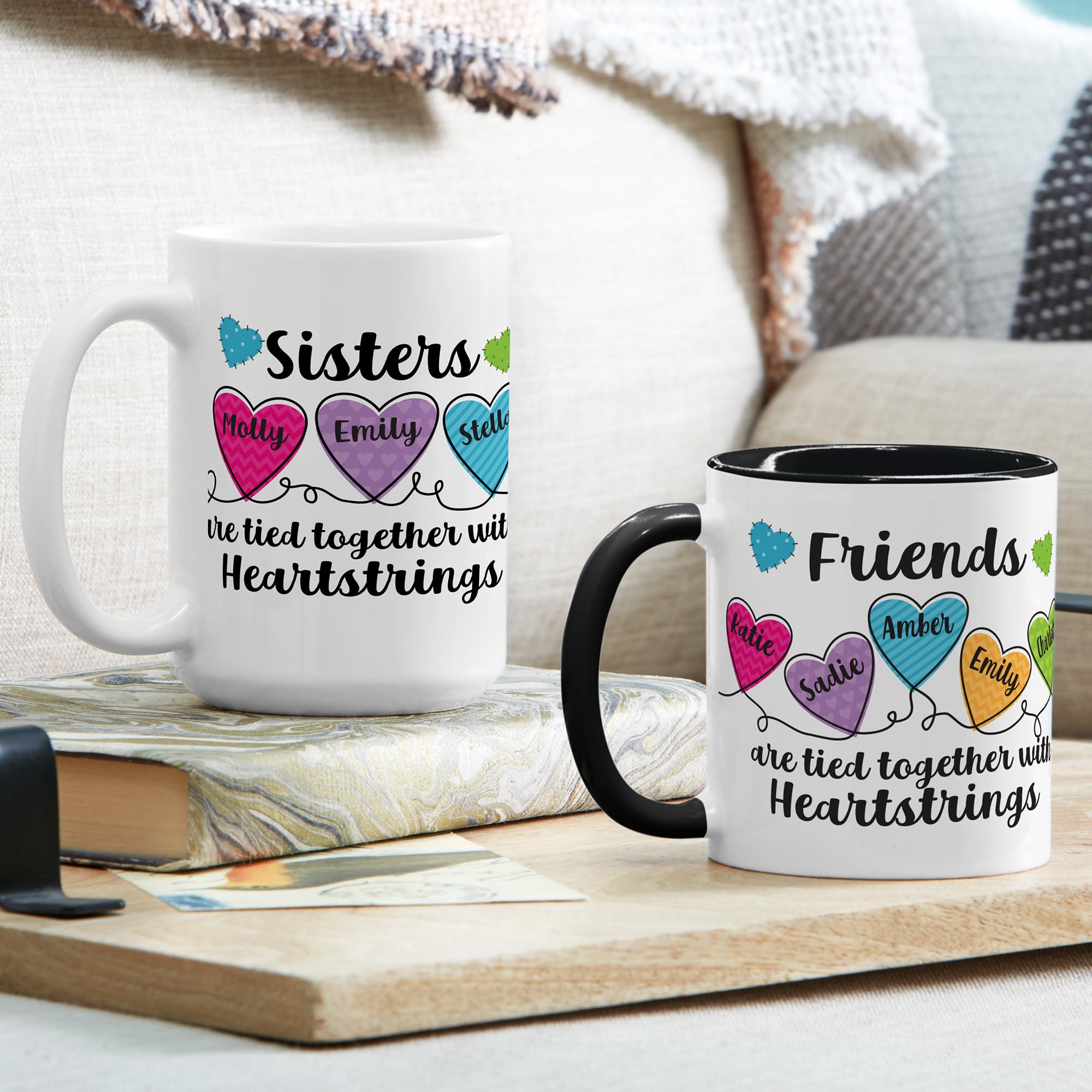 Let's Make Memories Personalized Mug - For Sisters - Custom Coffee Mug - Heartstrings - 2–6 Names - White Handle - 15 oz