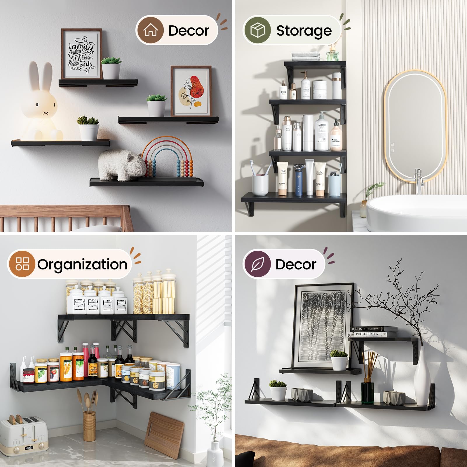 Floating Wall Shelves - Set of 4 Black -9