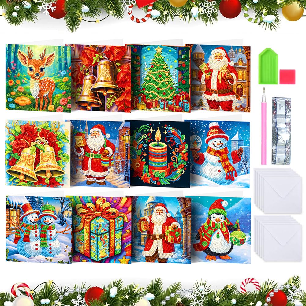 Anyingkai 12PCS Diamante 5D DIY Tarjeta de Navidad,Tarjetas de Navidad Pintura, Kit de tarjeta de felicitación de pintura de diamante,Tarjetas de Navidad de diamante (L-1)