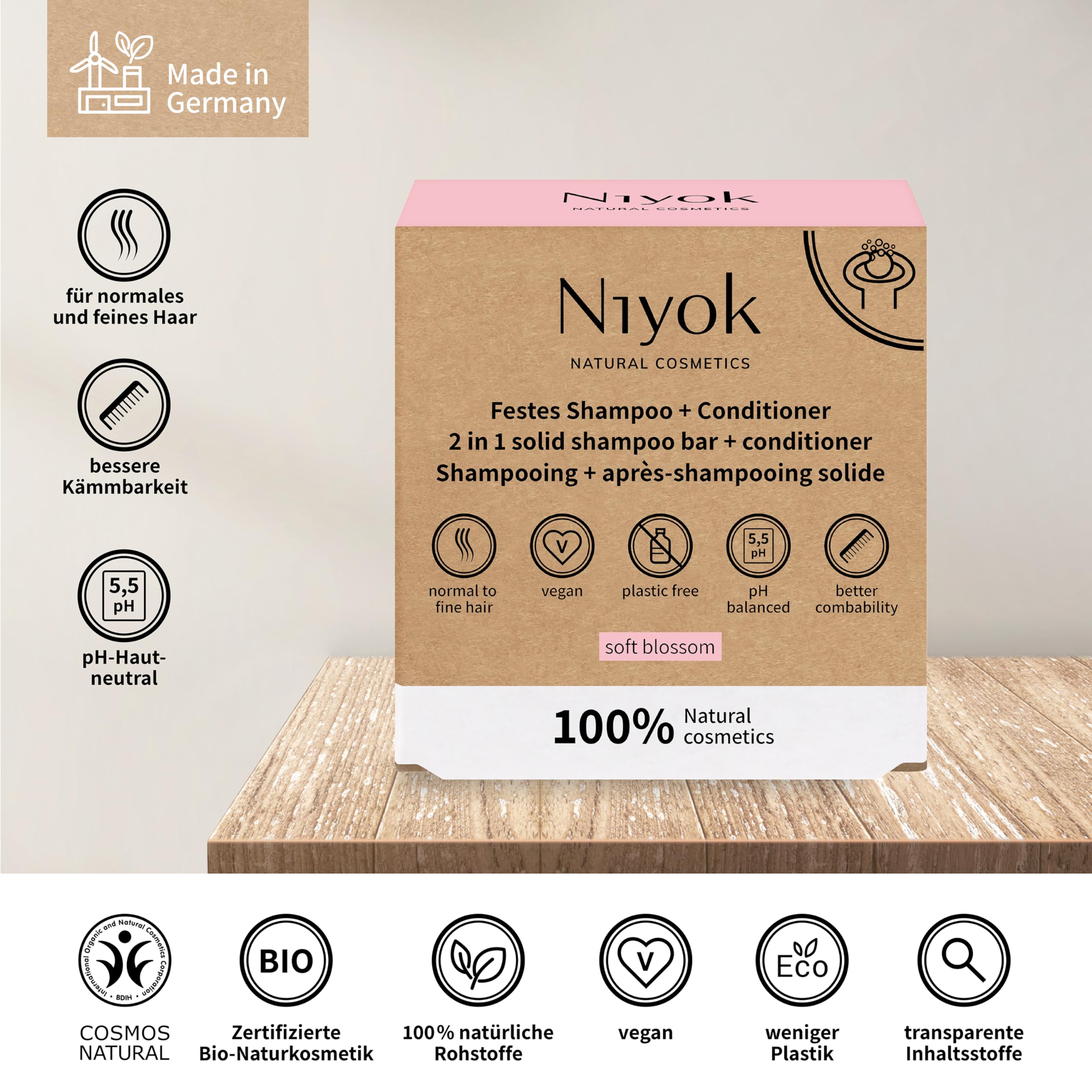 Niyok® 2 in 1 firm shampoo and conditioner, skin-neutral, vegan, plastic-free, normal to fine hair, better combability - Image 3
