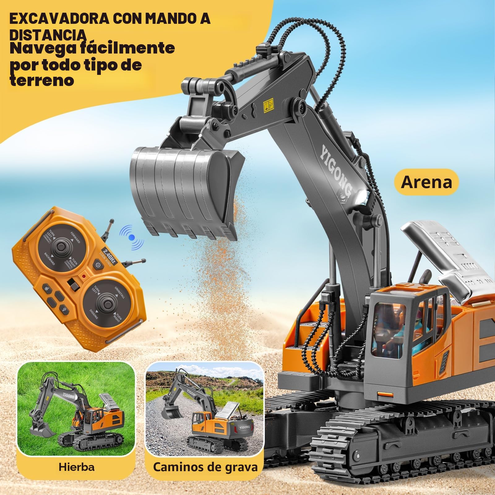 Excavadora de Control Remoto para Niños - Recargable Con Pala Metálica, Hidráulica, Luces y Sonidos - Juguete para 6-14 Años