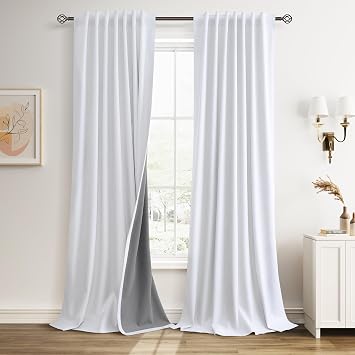 Guken Beige White 100% Blackout Linen Curtains 84 Inches Long 2 Panels Back Tab Hook Belt Country Farmhouse Black Out Room Darkening Thermal Insulated Noise Reducing Curtain Living Room Bedroom 52x84