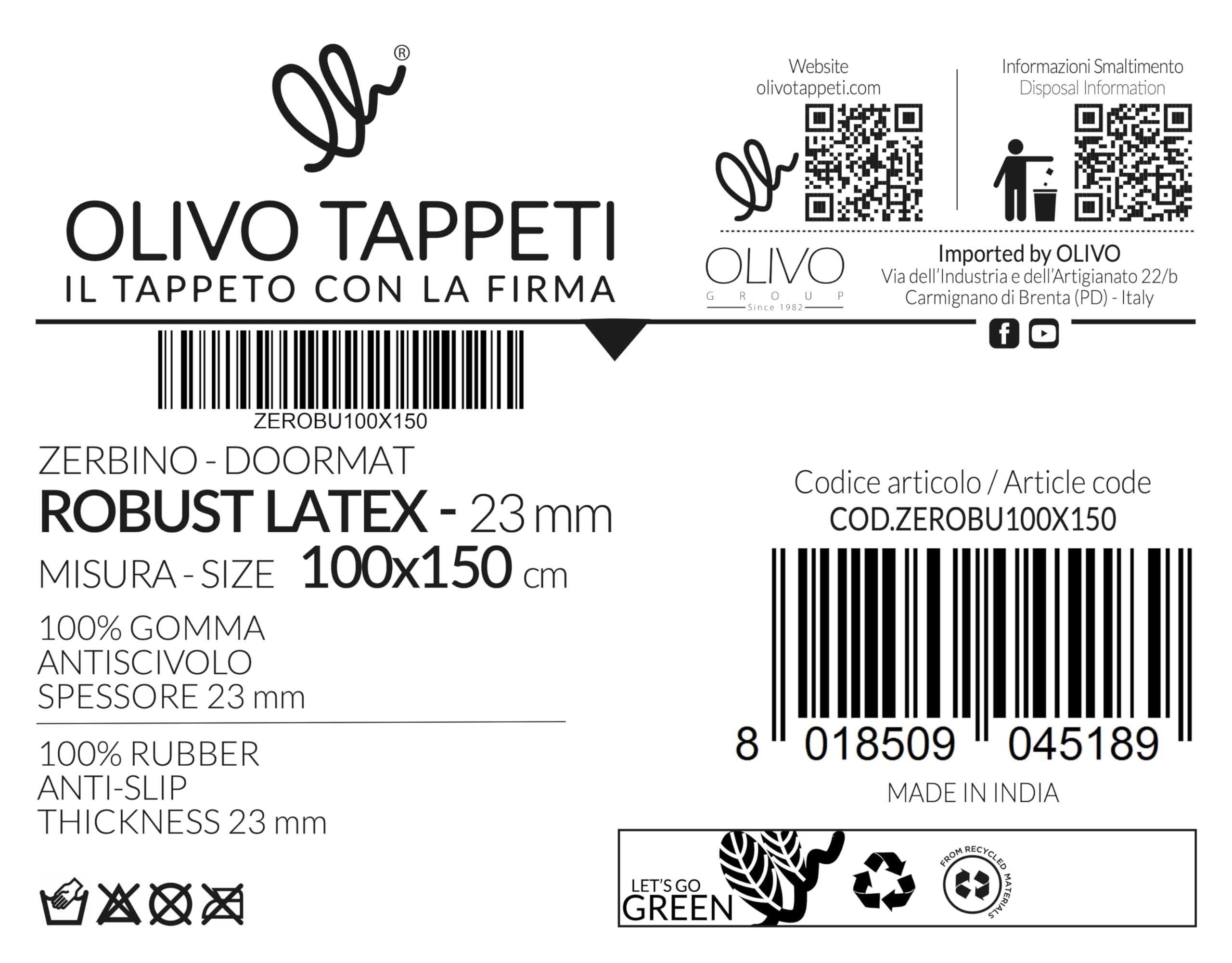 OLIVO.Shop | Zerbino Robusto in Gomma per Esterno, Drenante e Antiscivolo, Tappeto a Griglia per Pioggia, Varie Misure (100x150 Latex Nero)