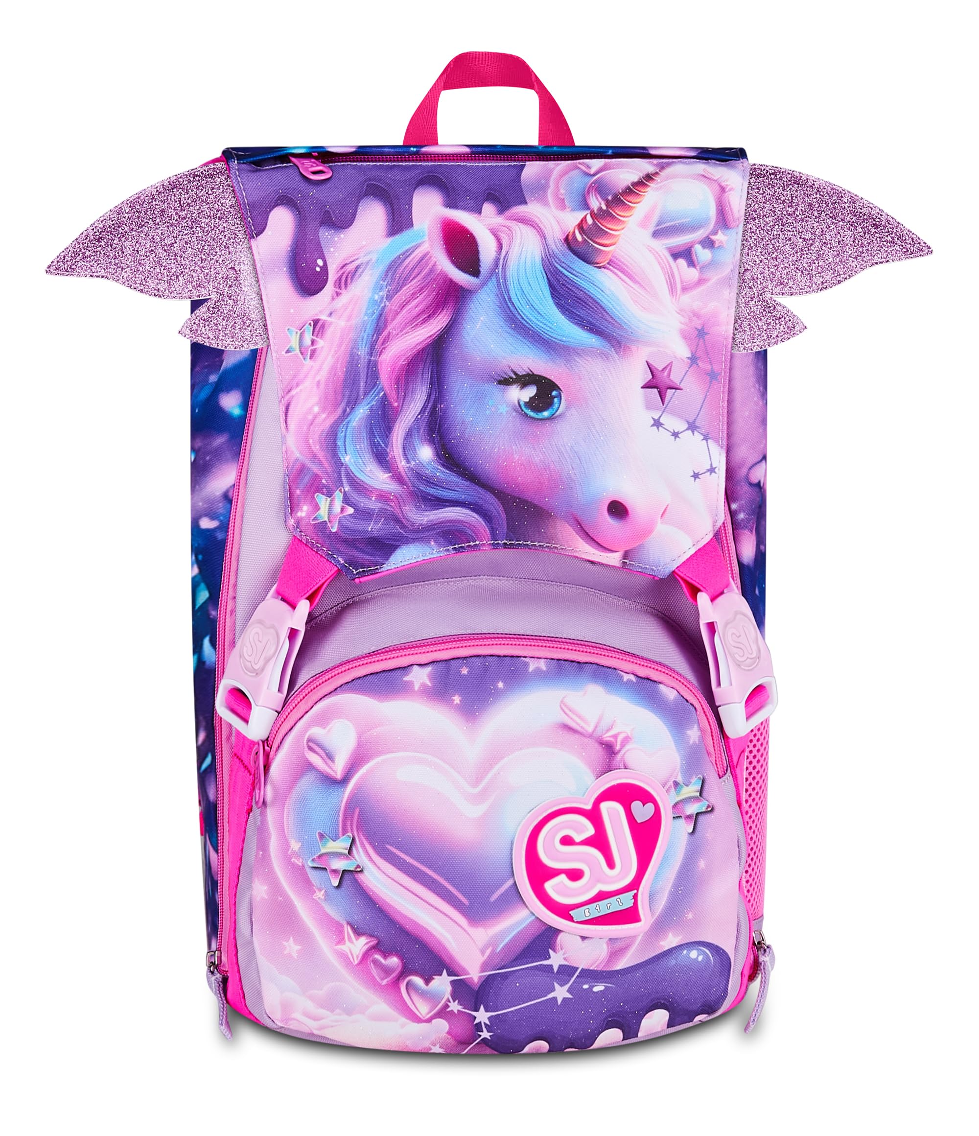 SJ GANG STYLE JAM GANG Zaino Scuola Estensibile PIXIE UNICORN, Rosa, 24L, Zip Laterali, Ali a scomparsa, Pattina scintillante, Tasca frontale, Tasca laterale portaborraccia, Scuola elementare, Bambina