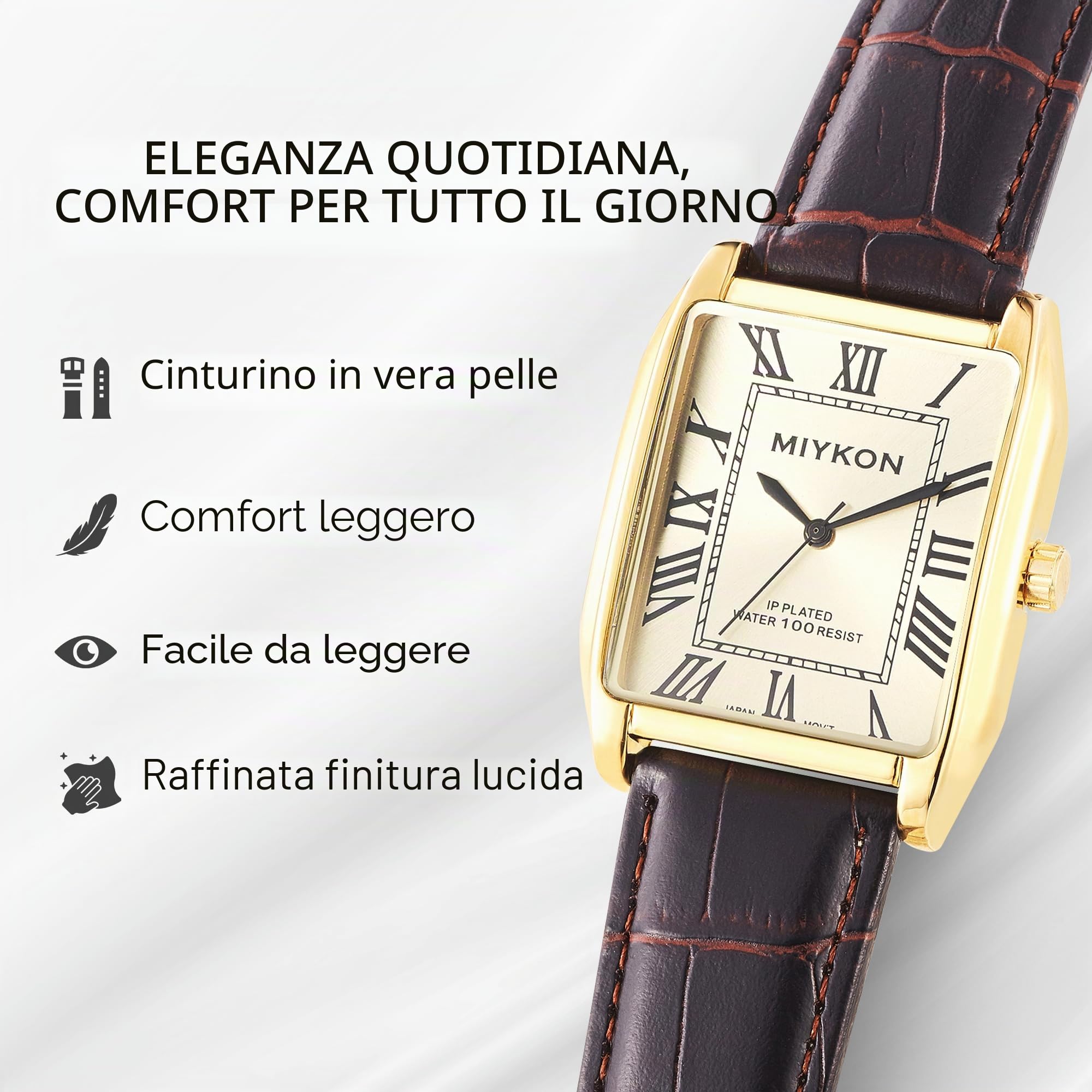 Miykon Orologio vintage da uomo, analogico, quadrato, con cinturino in vera pelle, per abiti classici, vetro lucidato agli ioni, resistente ai graffi, al quarzo giapponese, impermeabile fino a 30,5 m