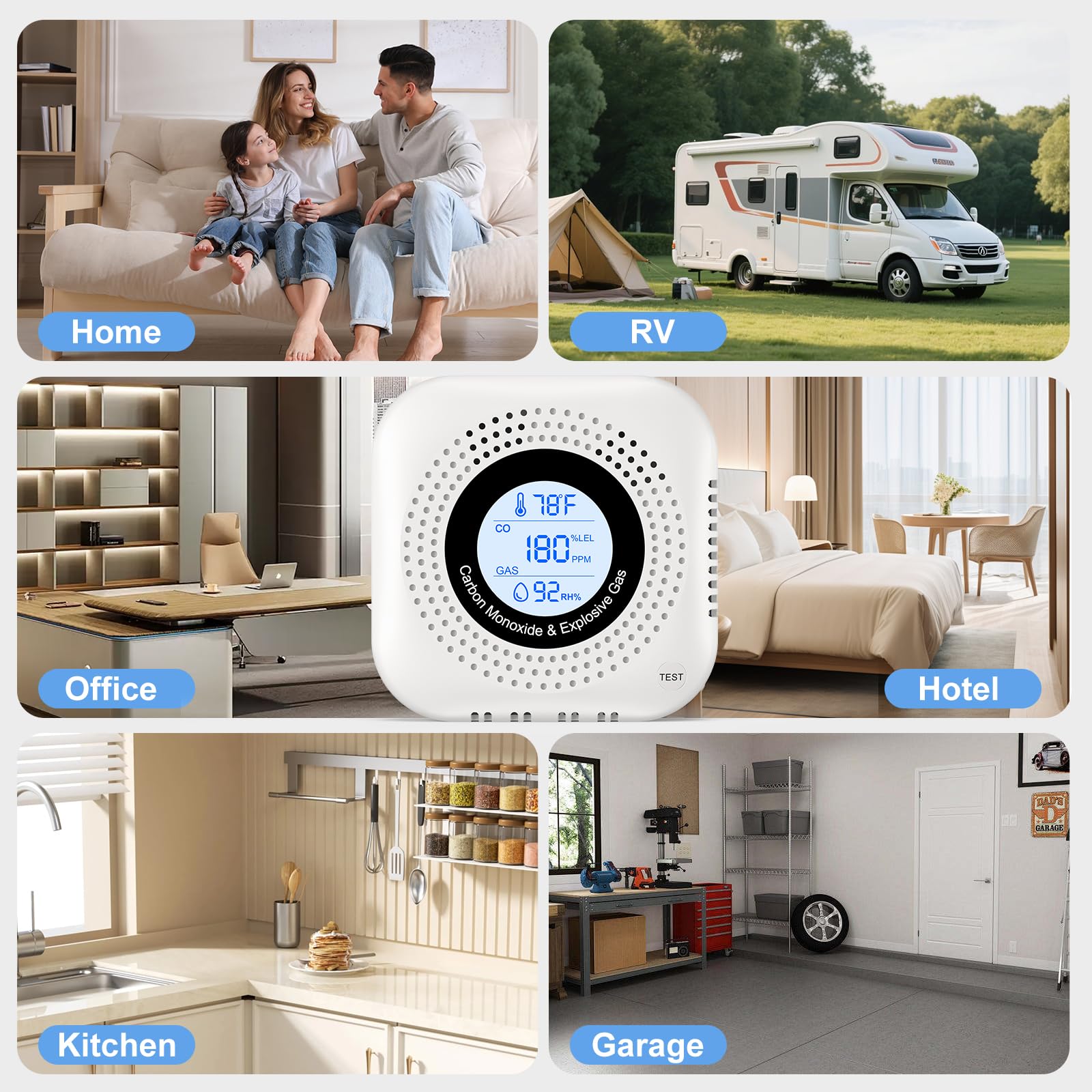 Detector de monóxido de carbono 4 en 1 Plug in - Detector de gas con pantalla de temperatura y humedad - Estándar en 50291 - Alarma 85 DB - Blanco