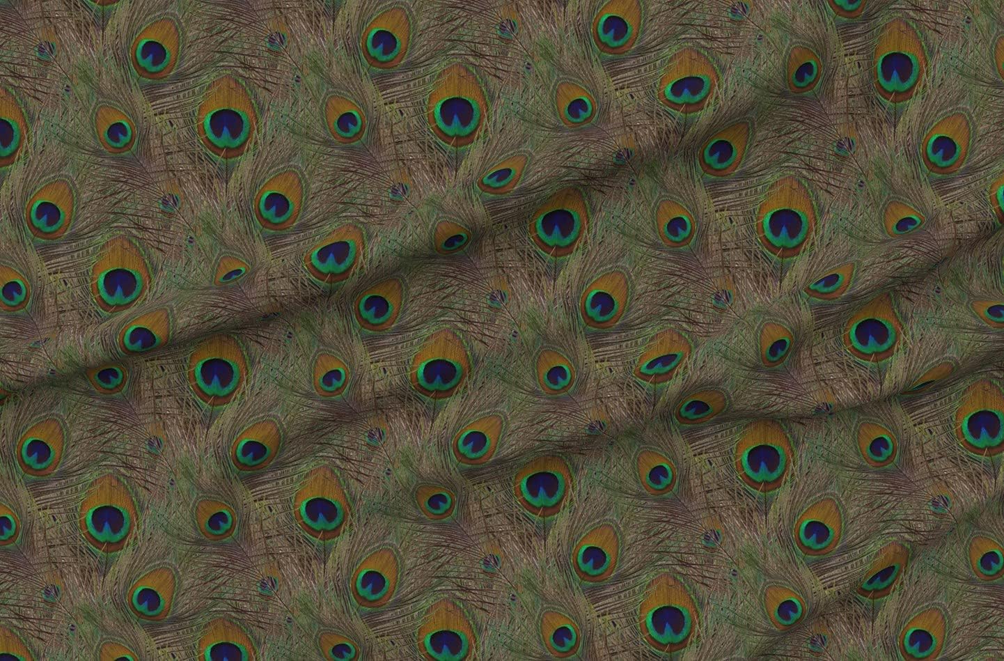 Spoonflower Fabric - Great Peacock Peacocks Feathers Nature Feather Bird Printed on Denim Fabric by The Yard - Bottomweight Apparel Home Decor Upholstery