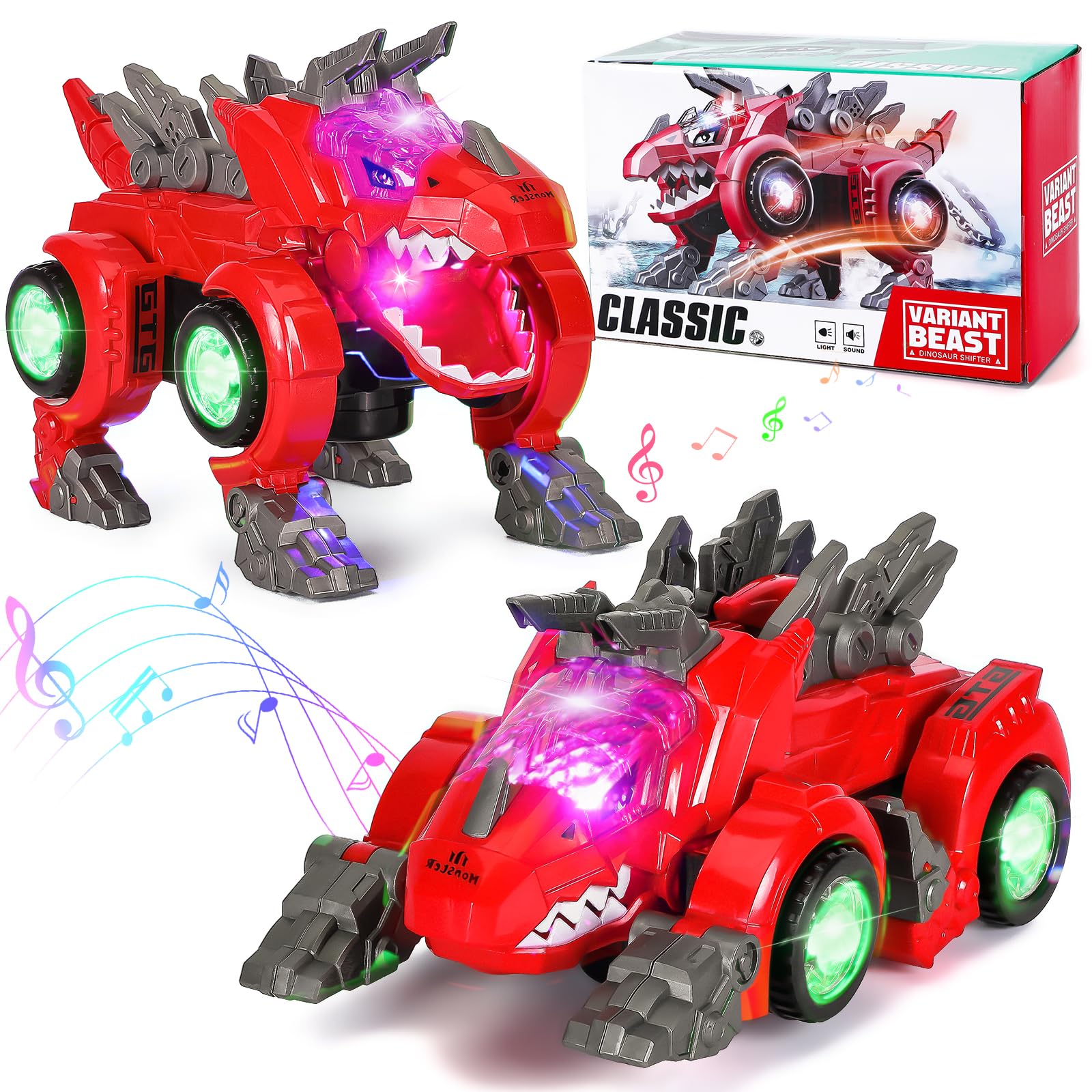 Highttoy Dinosaurios Juguetes Niños 3 4 5 6 Años,Coche Dinosaurio Transformable Automática con Luces y Sonido Juguete Transformador Dinosaurio Eléctrico Regalos Niños 3-6 Años