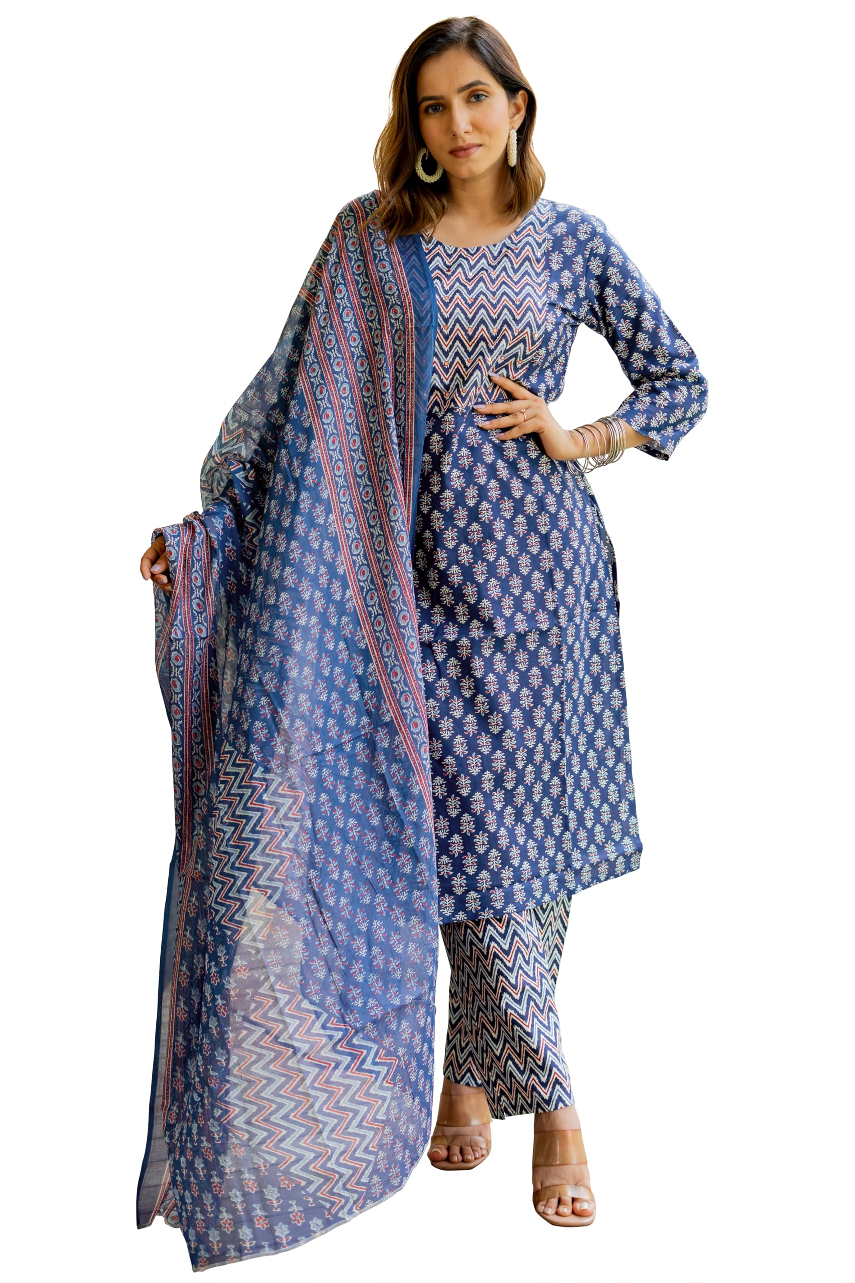 Campus Sutra Women's Straight Fit Pure Cotton Embellished Floral Printed Kurta Set with Dupatta and Trouser in multi
