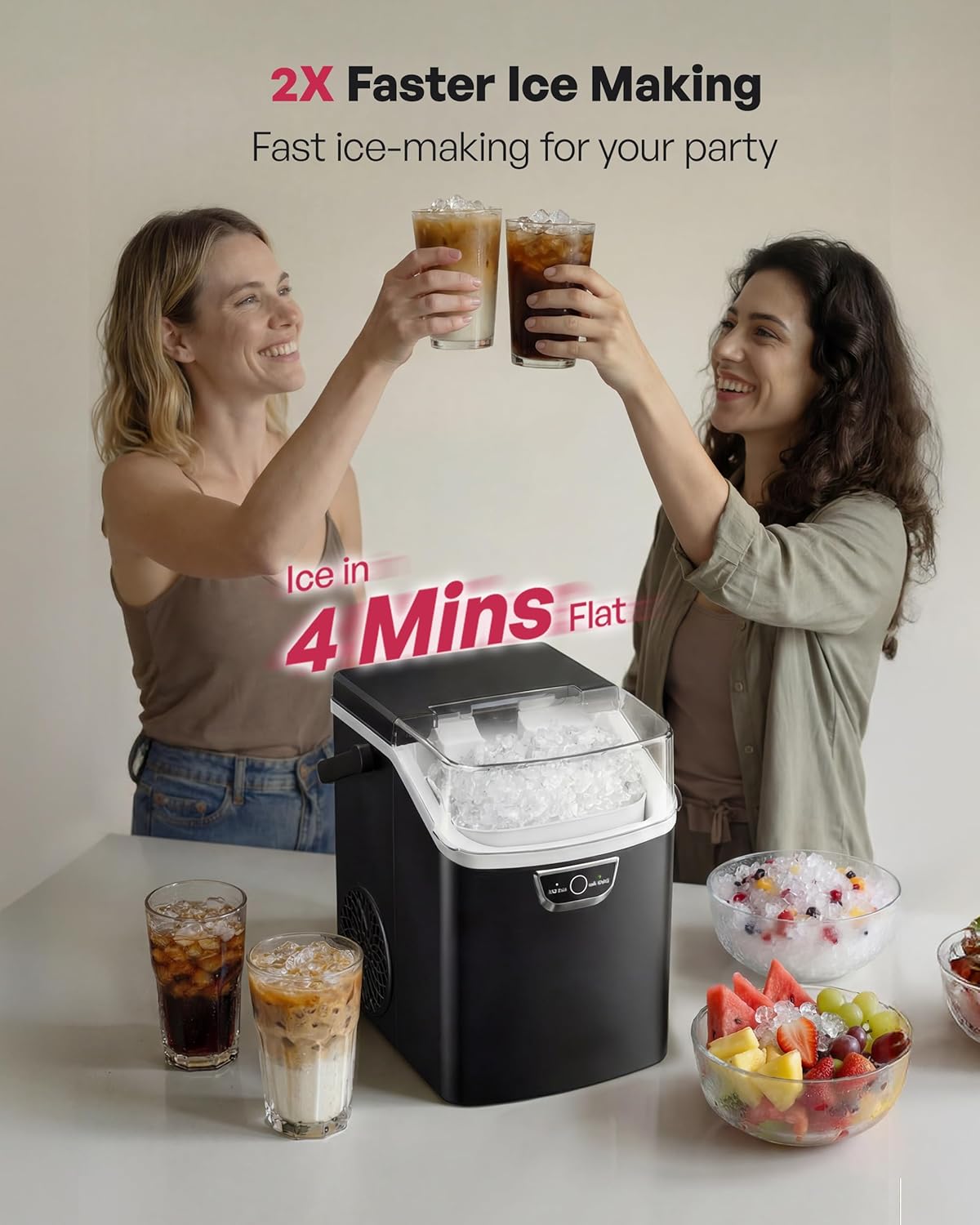 Nugget Ice Maker Countertop with Handle, Ready in 4 Mins, Max 40lbs/24H, Chewable Ice, Self-Cleaning, Portable Sonic Ice Maker with Basket and Scoop, for Home/Party/RV/Camping (Black)