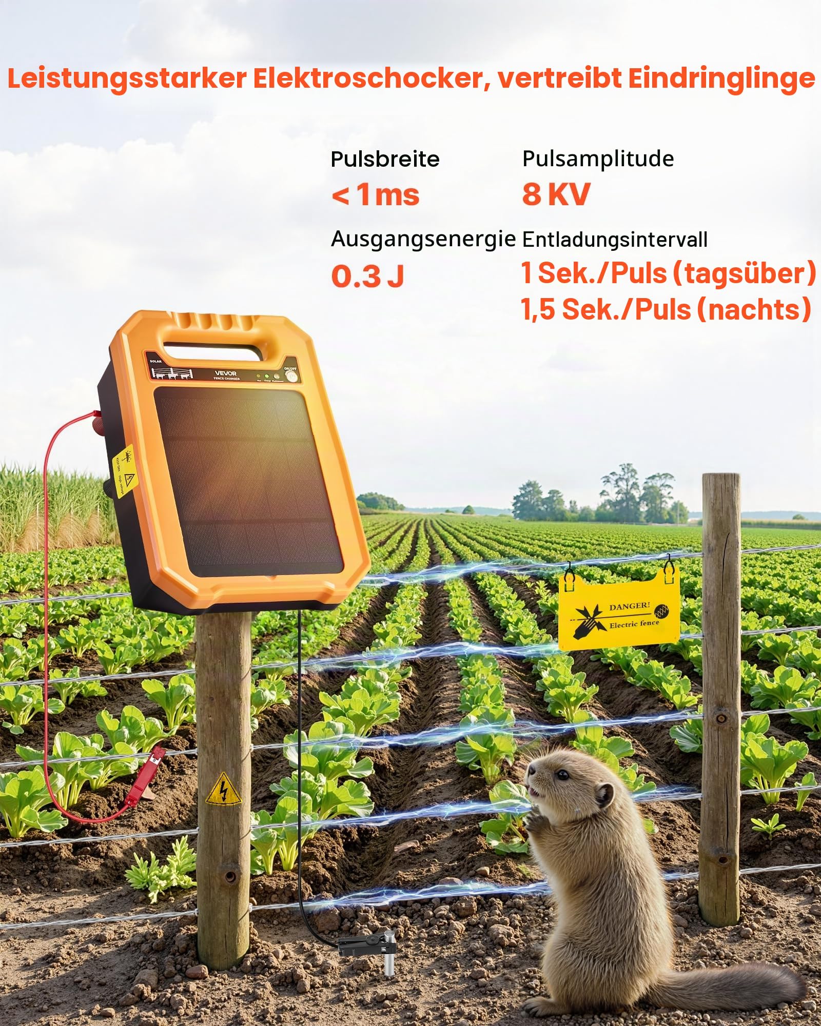 VEVOR Weidezaungerät, 0,3 J, Elektrozaungerät 8 kV, solarbetriebenes Zaunladegerät, 3 km Reichweite, wetterfestes Elektrozaun-Energizer-Set, 7 Tage Laufzeit, für Vieh, Geflügel, Gartenschutz