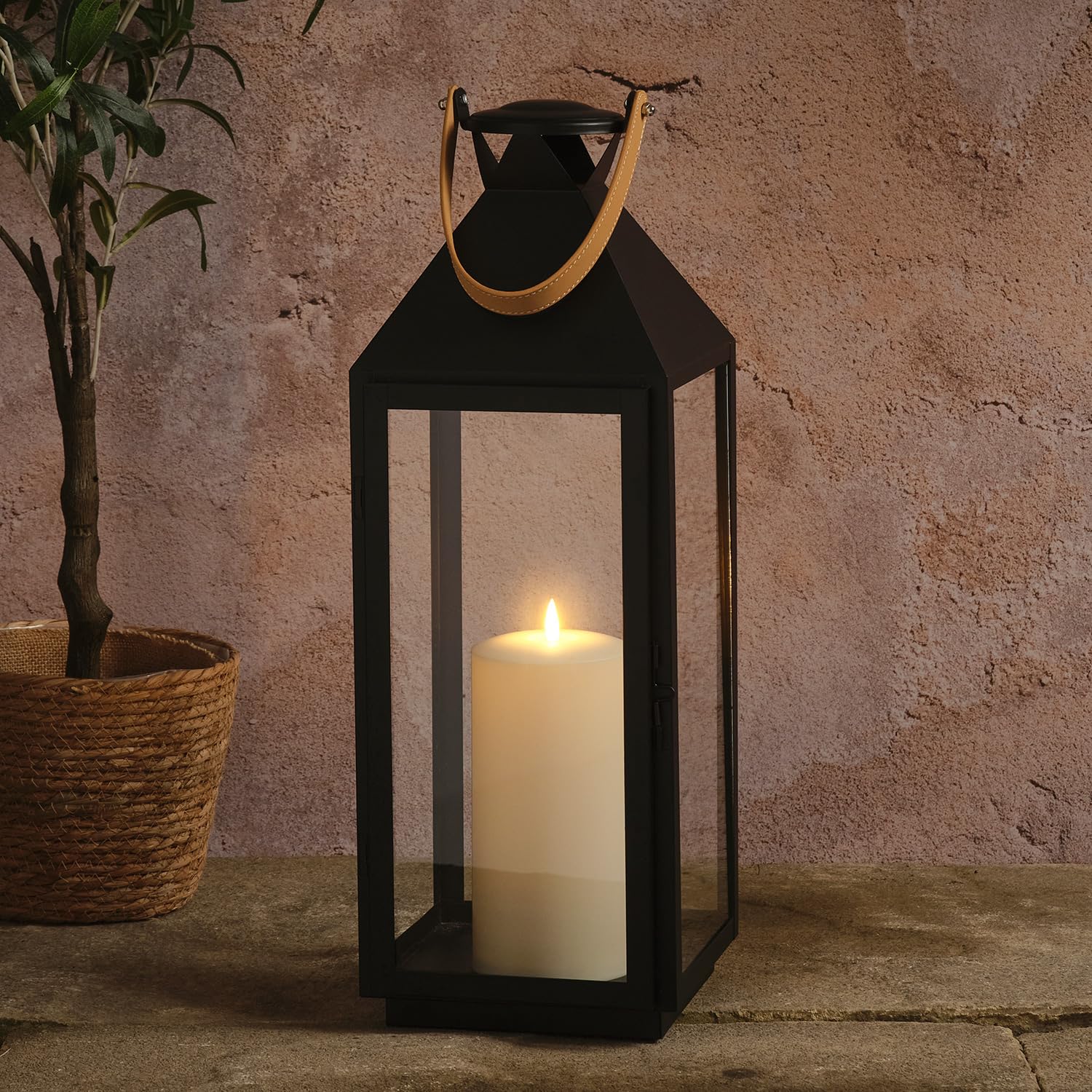 Lights4fun Brixham Large Leather Handle Lantern with TruGlow® Candle, Decorative Indoor & Outdoor Lantern for Outdoor & Home Styling