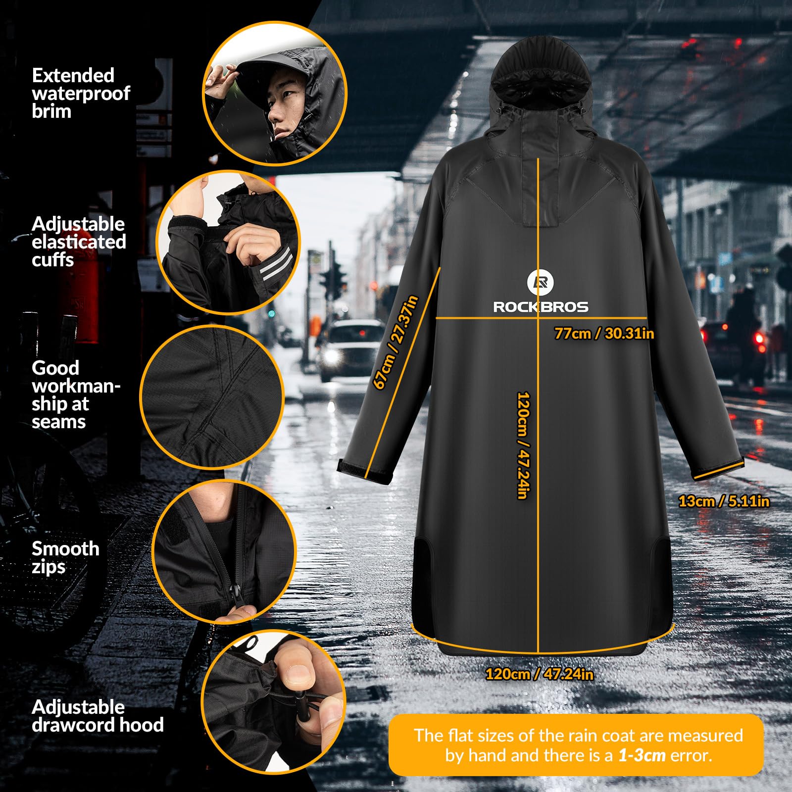 ROCKBROS Manteau de Pluie Réutilisable Poncho de pluie avec Capuche Veste de Pluie Pliable, Multi-usage pour Vélo Camping Randonnée Pêche Hommes Femmes, Noir