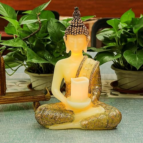 Miniatura 8 de GiveU - Vela de meditación tailandesa con diseño de Buda, hecha de cera real, funciona con pilas, funciona con temporizador, 13.0in de altura