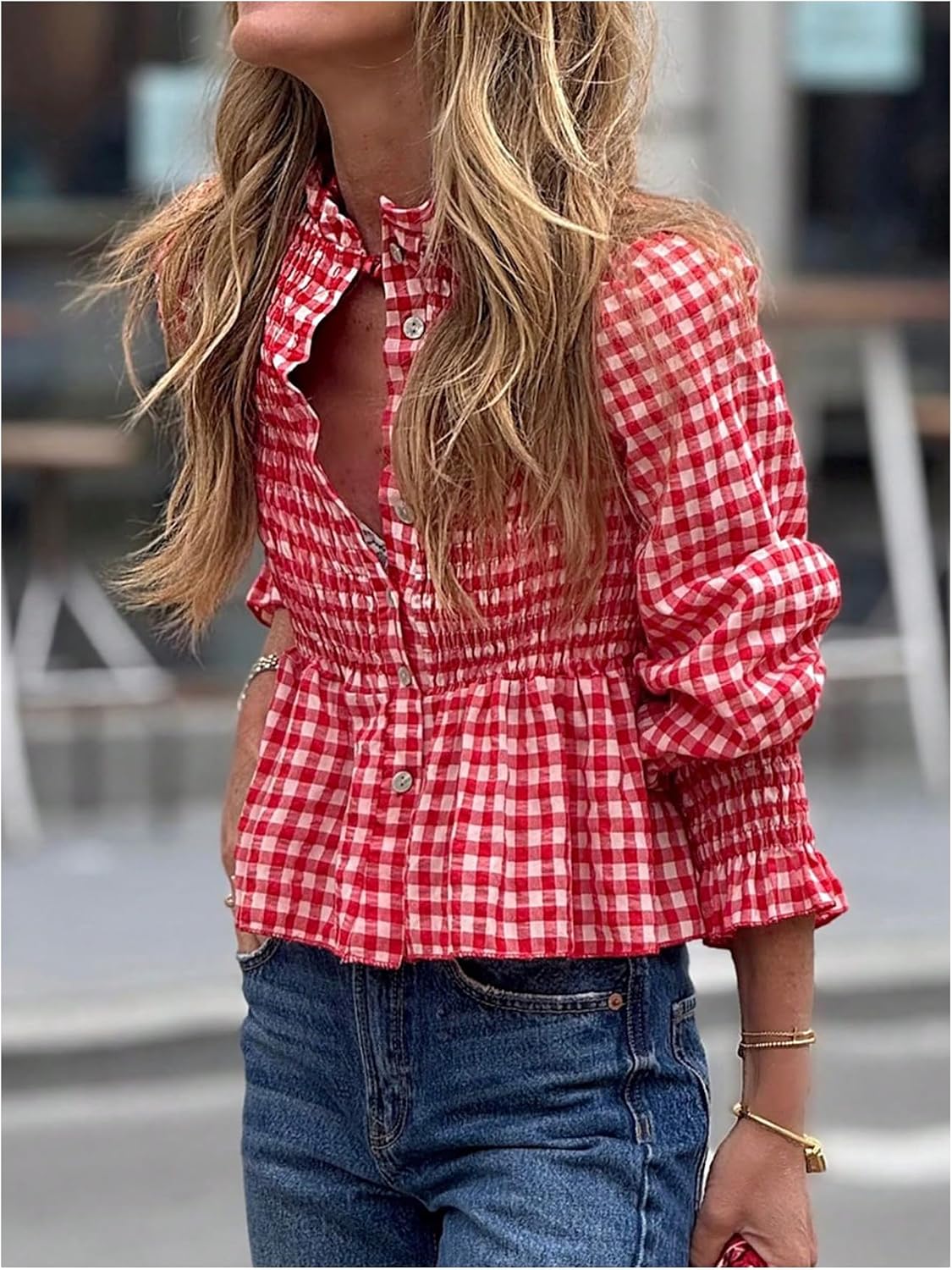 GORGLITTER Women's Y2K Gingham Button Down Babydoll Shirts Flounce Long Sleeve Shirred Peplum Blouses