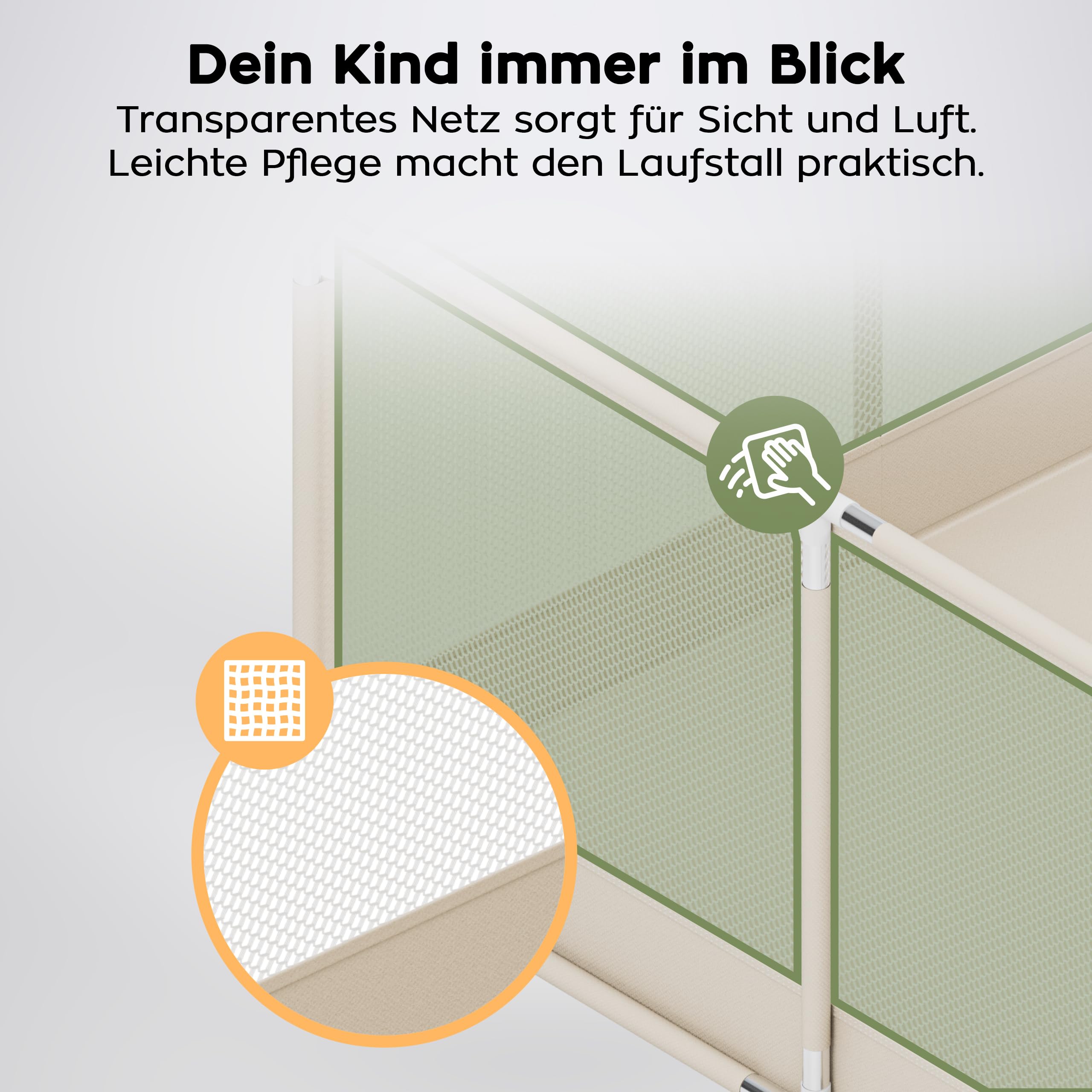Tulano Cozy 20 Laufstall Baby 130x130 cm mit Boden – Spielgitter für Babys 6 bis 36 Monate – Tragbar Innen Außen – Faltbar – Netzwände – Metallrahmen – Kinderschutz – Reisegitter – Laufgitter – Beige