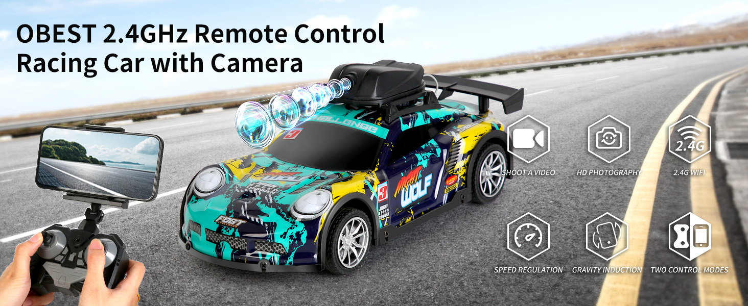 OBEST Auto telecomandata con fotocamera, moto 2 in 1 RC e drone, spinning drifting e flipping, quadricottero con 2 batterie, auto giocattolo per ragazzi e ragazze