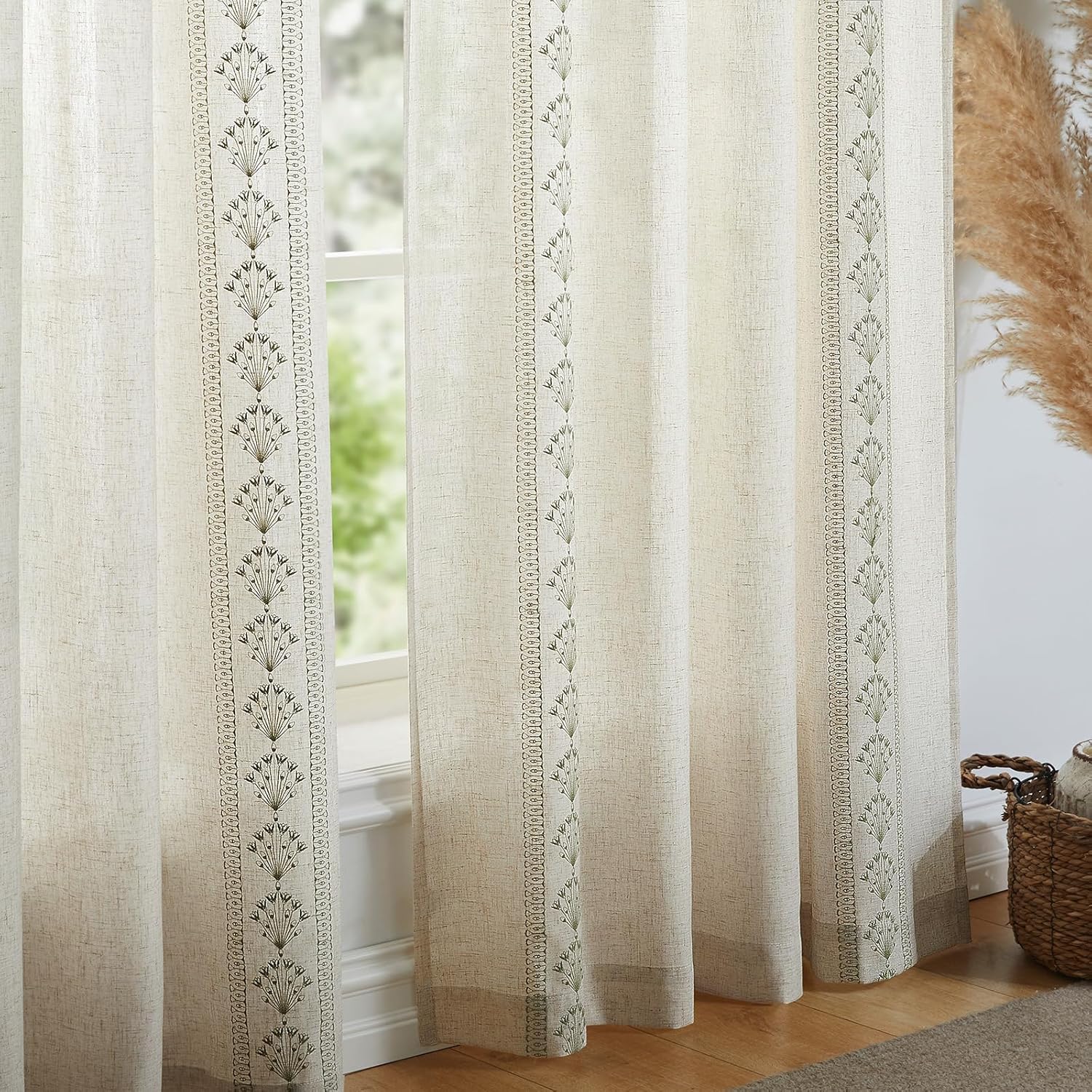 Modern Farmhouse Linen Curtains 120 Inches Length 2 Panels, Embroidered Semi Sheer Curtains for Living Room Bedroom, Light Filtering Boho Country Drapes, Sage Green Floral on Beige