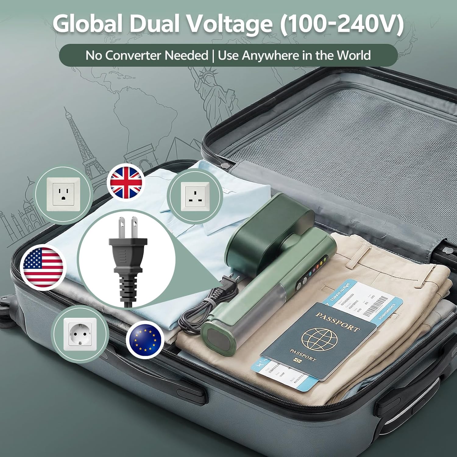 Portable Garment Steamer for Clothes, 100-220V Handheld Travel Steamer for Global, 2-in-1 Compact Clothes Steamer & Iron with 20g/min Steam, 90° Rotating Head Wrinkle Remover for Home & Travel(Green)