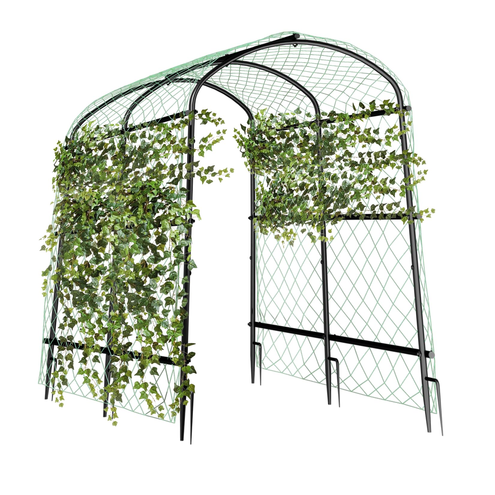 UNHO Tall Garden Arch Trellis for Climbing Plants, Outdoor Metal Plant Support Archway Garden Arbor Tunnel for for Vegetables Plant Cucumber Trellis with Netting Black