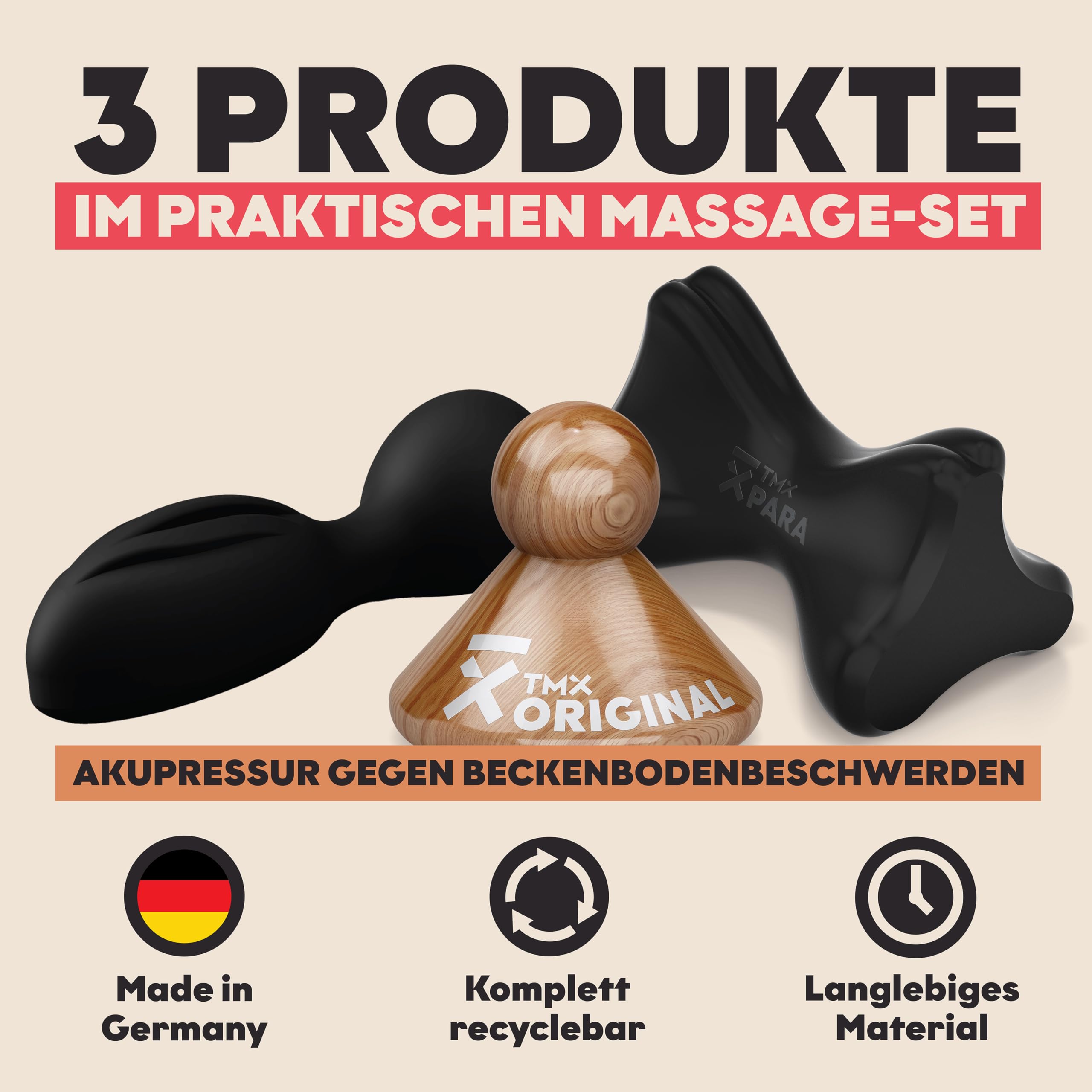 TMX® Set massaggiante per pavimenti pelvici | agopressione contro dolori muscolari e problemi al pavimento pelvico | massaggio punti dolorifici | trigger point | massaggio | 3 strumenti trigger in un