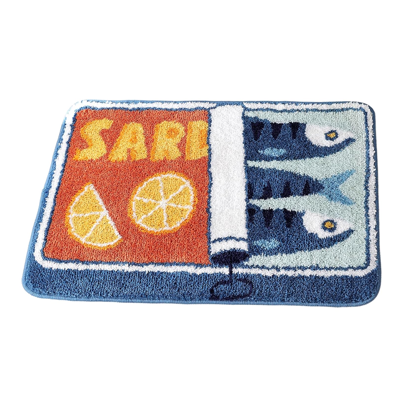 Floruvia Sardine Can Bath Mat, Soft Washable Non-Slip Bathroom Rugs for Bedroom & Kitchen, Funny Cartoon Fish & Lemon Design, Blue Bathroom Mats