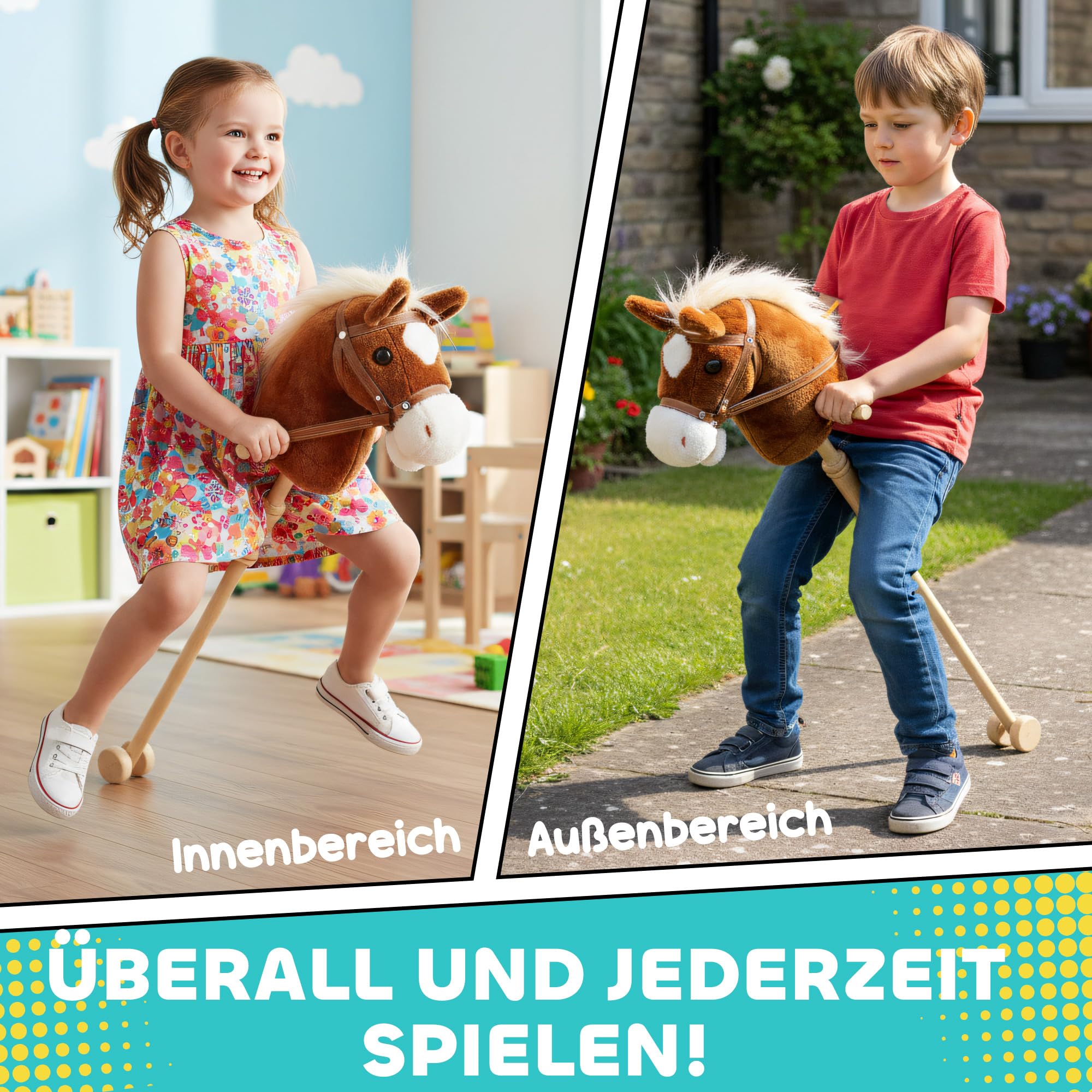 AIYAPLAY Hobby Horse Steckenpferd mit Sound, Griffe, Rolle, Holzstock, Hobby Horsing aus Polyester mit Langer Mähne für Kinder 24+ Monate, Stockpferd & Rollenspiel