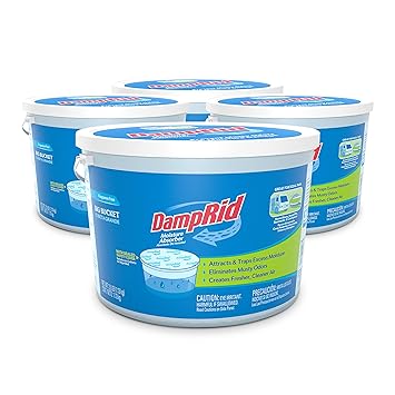DampRid Damp Rid, White Fragrance Free Hi-Capacity Moisture Absorber for Fresher, Cleaner Air in Large Spaces, Four 2.5 Pound Buckets, Regular