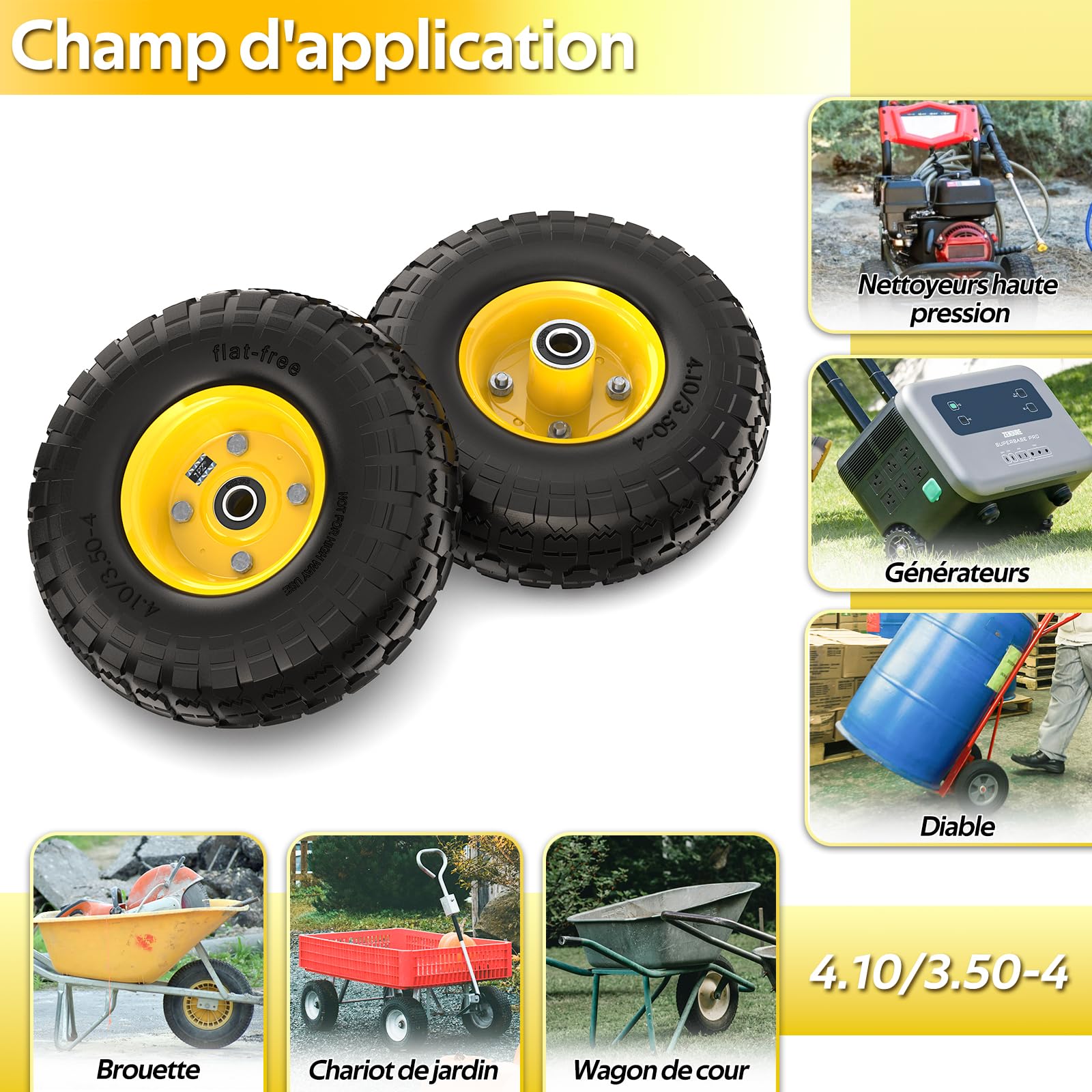 1PZ FR3-LQ8 4.10/3.50-4 Pneu plein 255 mm 10 pouces Roue Complète Roue Increvable pour Diable Chariot Brouette Charge maximale de 400 livres 2 pièces