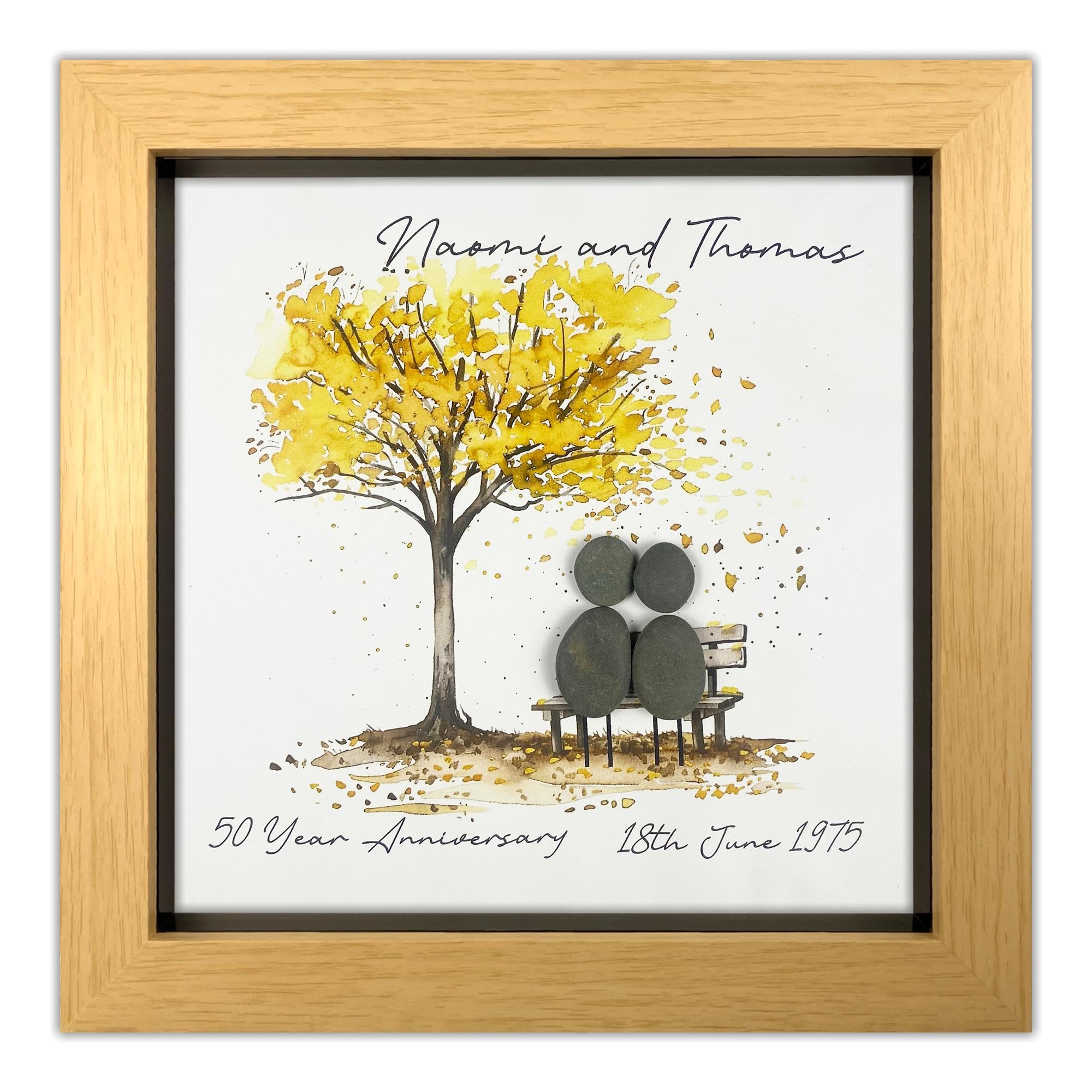 Handmade Personalised 50th Wedding Anniversary Pebble Art Gift, Gold Anniversary Pebble Picture Keepsake, Mr & Mrs Gift, Present for Couples (Wood Effect Frame) โ image 1