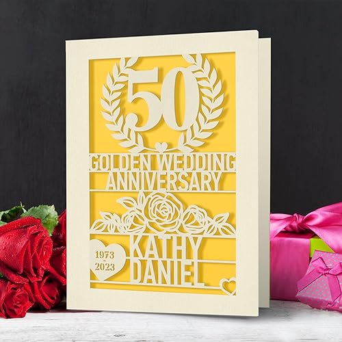 Miniatura 2 de EDSG Tarjeta de aniversario personalizada, regalo de boda cortado con láser para él y ella con cualquier nombre y fecha (dorado)