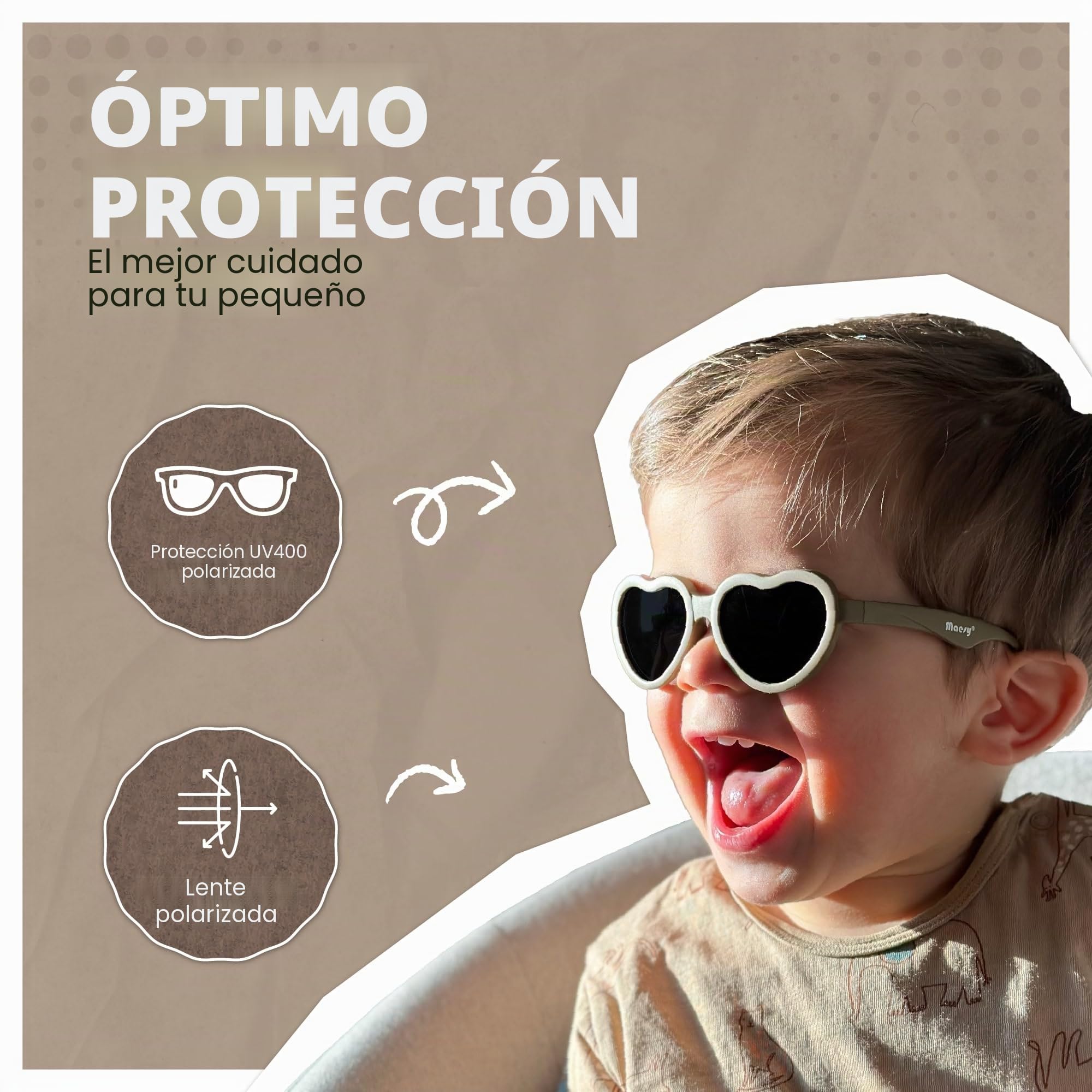 Gafas de Sol para Bebé, 0-2 Años, Protección Polarizada UV400, Montura Flexible y Blanda, Cinta Elástica Ajustable, Gafas de Sol Seguras y Cómodas para Bebés, Maes