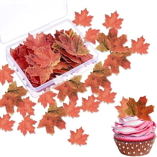 SUSSURRO 100 piezas comestibles de hojas de otoño para cupcakes, hojas de arce, decoración comestible de hojas de oro para decoración de fiesta con