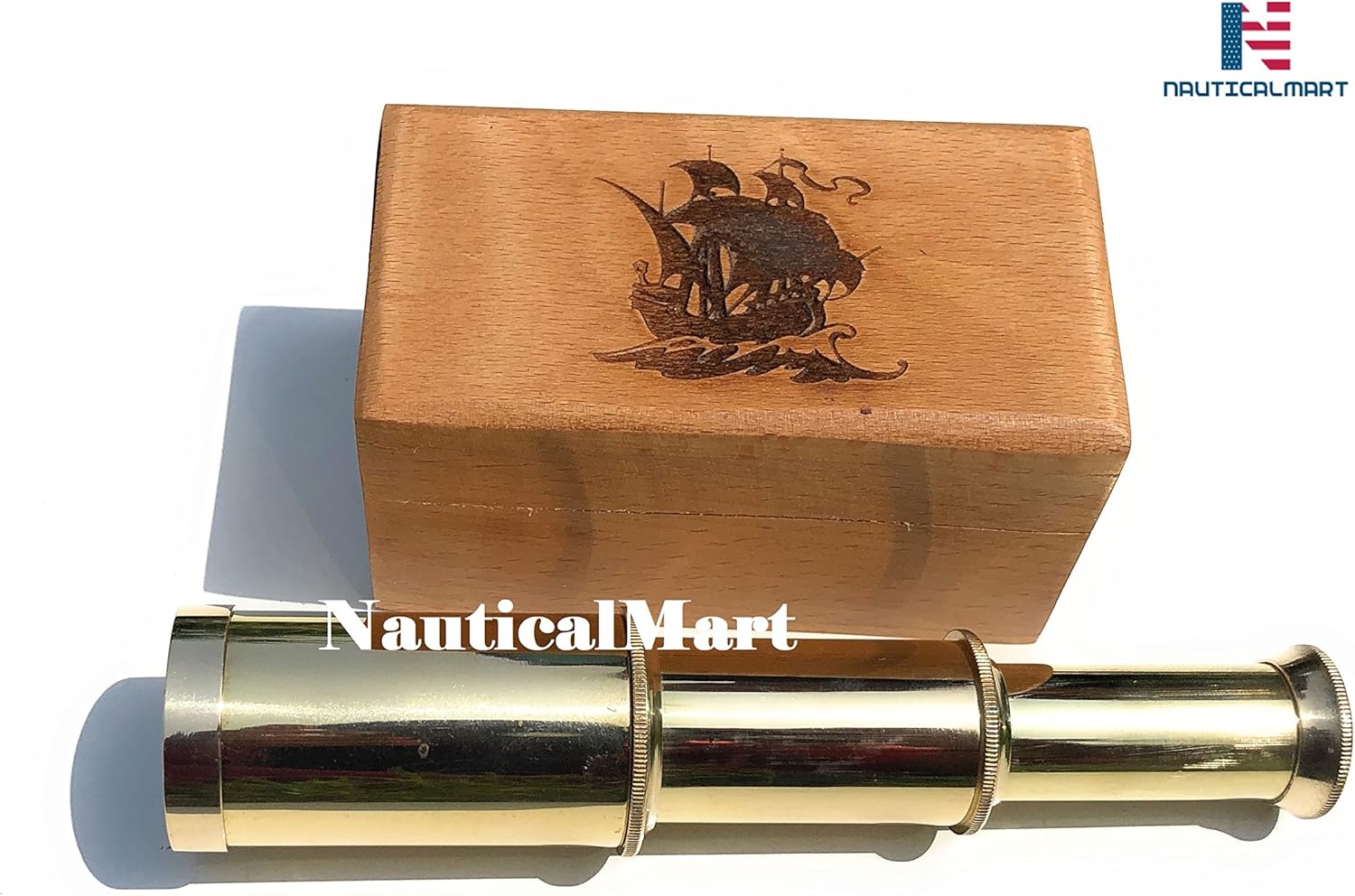Nautical-Mart Brass Telescope Pirate Spyglass with Personalized Wooden Box 6 Inch Handheld Nautical Sailor Gift (Engraved Sign 3)