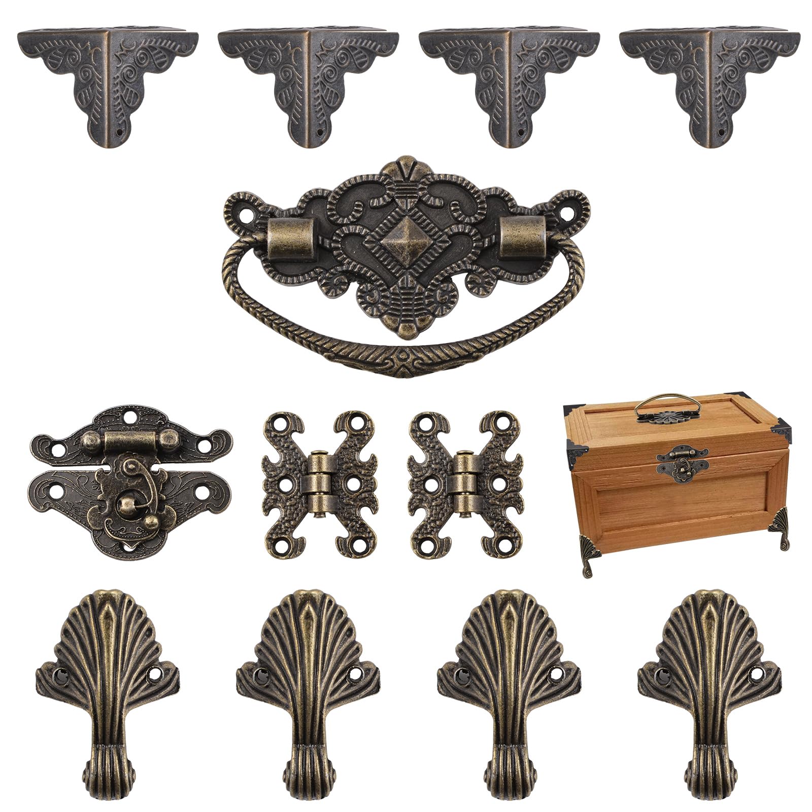 Morobor Green Bronze Retro Antique Lock Hasp Hinges Box Corner Protectors Kit - Diy Jewelry Chest Storage Bronze Wood Case Feet Leg Corner Protector
