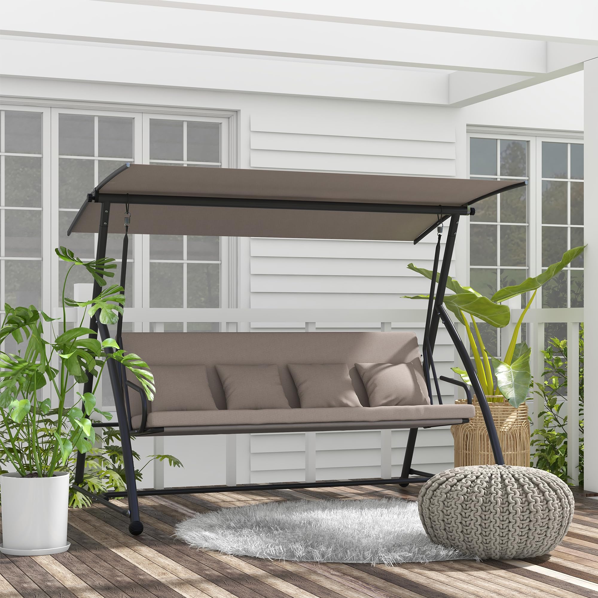 Outsunny Columpio de jardín de 3 plazas, Columpio de jardín Convertible para Exteriores, Techo abatible Ajustable, cojín de Asiento y Respaldo, 4 Almohadas, Gran Confort, 218 x 120 x 168 cm, marrón