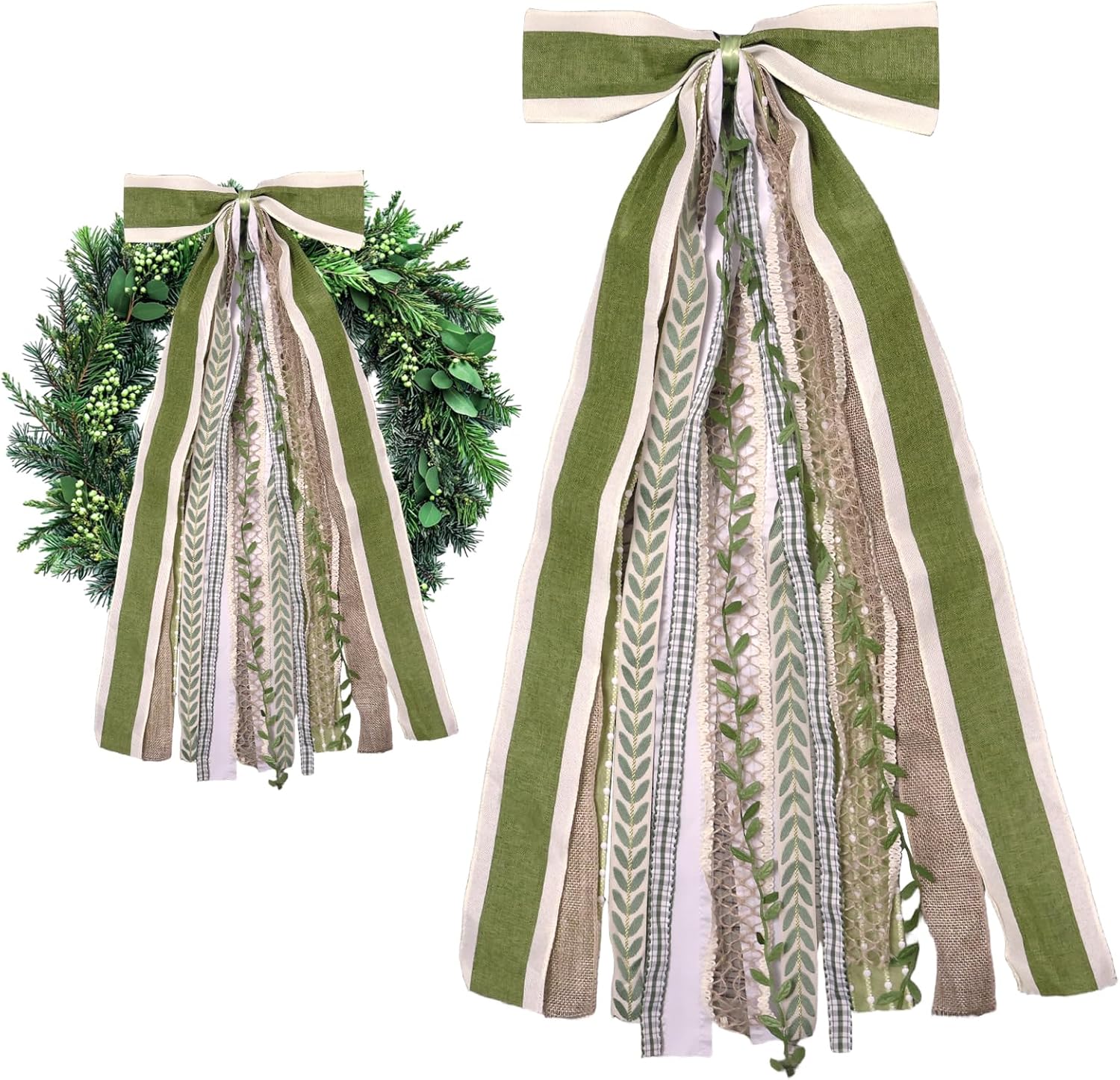 Large Farmhouse Ribbon Bow for Wreath, Green Leaves Fabric Ribbons Set Assorted Leaves Lace Ribbon Green Plaid Clip-On Wreath Sash Ribbons Bundle for Home Indoor Outdoor Decor