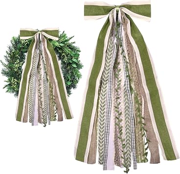 Large Farmhouse Ribbon Bow for Wreath, Green Leaves Fabric Ribbons Set Assorted Leaves Lace Ribbon Green Plaid Clip-On Wreath Sash Ribbons Bundle for Home Indoor Outdoor Decor