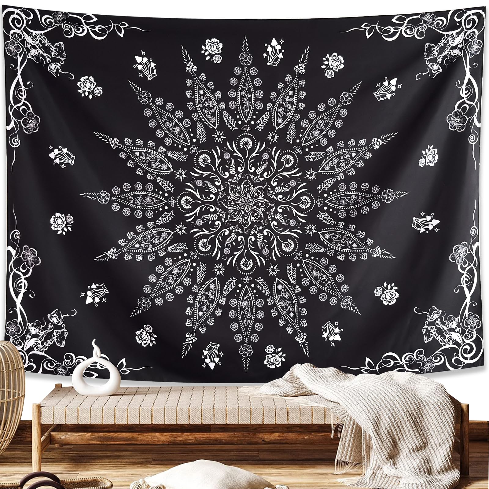 KJHL Floral Bohemian Tapestry Black and White Flower Aesthetic Tapestry Mandala Room Decor Wall Hanging Boho Tapestries for Bedroom Dorm(Black, 44" x