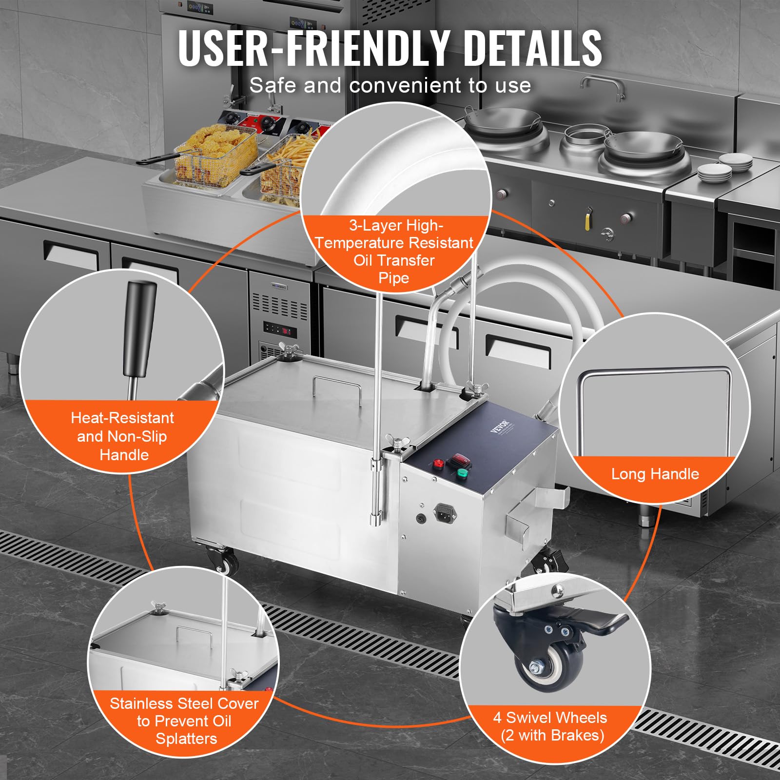 VEVOR Système de Filtration des Huiles de Friture Réservoir de 38 L Filtre à Huile pour Friteuse Vitesse 10 L/min Mobile avec Roulettes et Tuyau Machine à Filtrer Huile Usagée pour Restaurants Stands
