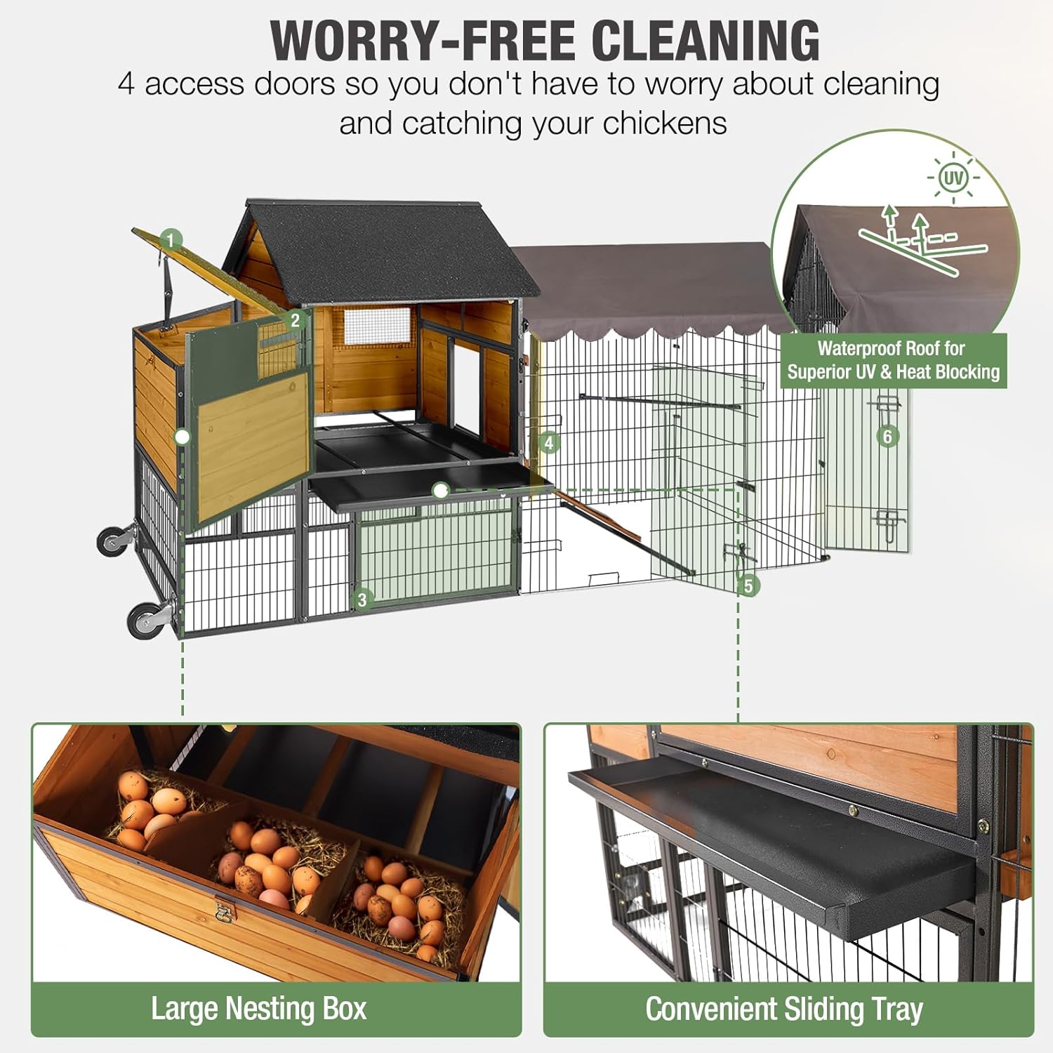 GUTINNEEN Extra Large Mobile Chicken Coop with Wheels, Large Outdoor Hen House with Run for 4-6 Chickens, Wooden Poultry Cage with Nesting Box, Metal Sliding Tray, Waterproof Cover
