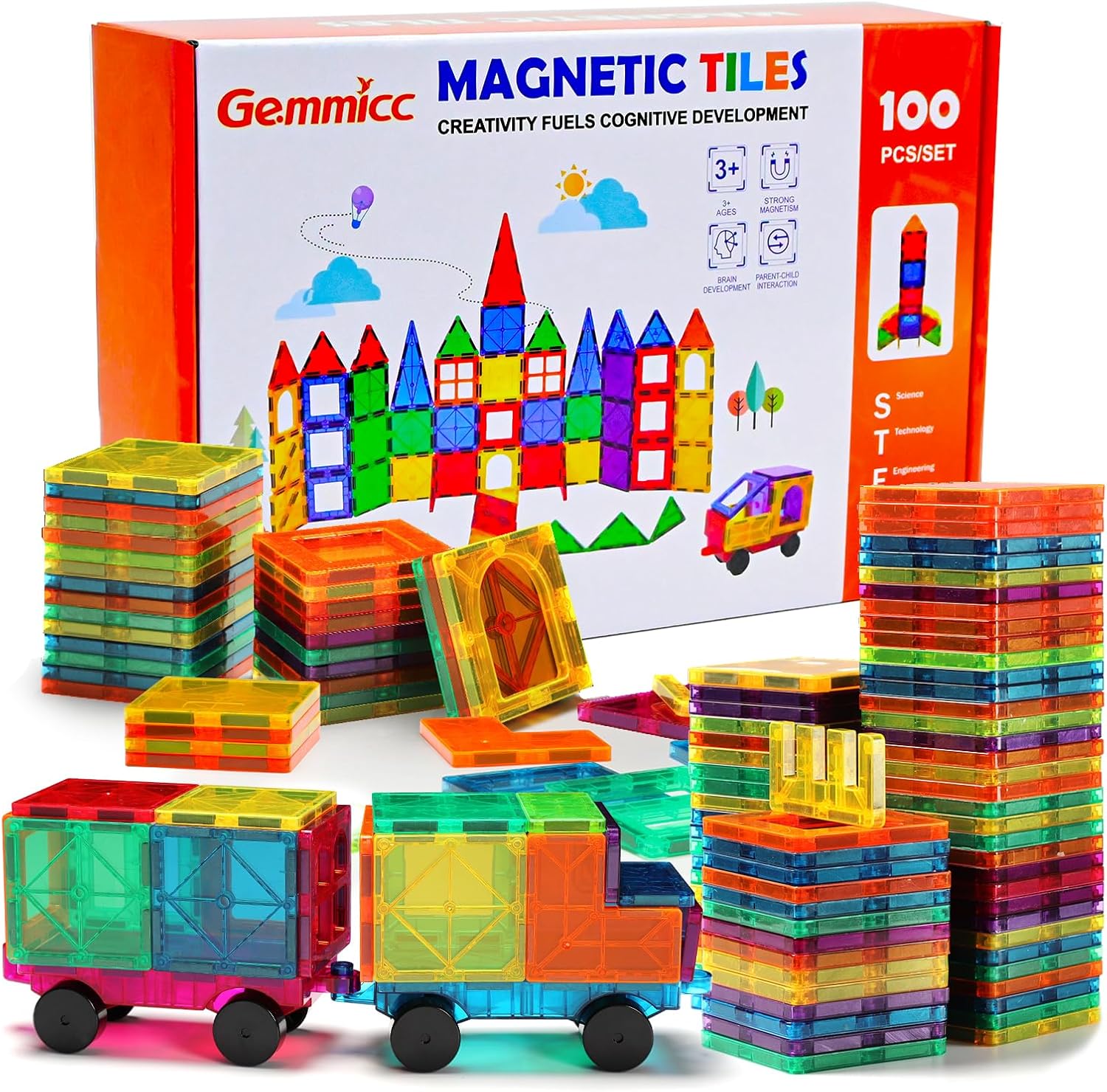 Gemmicc Magnetic Tiles Building Blocks for Kids, STEM Approved Educational Toys,3D Magnet Puzzles Stacking Blocks for Boys Girls,100 PCS Advanced Set with 2 Cars