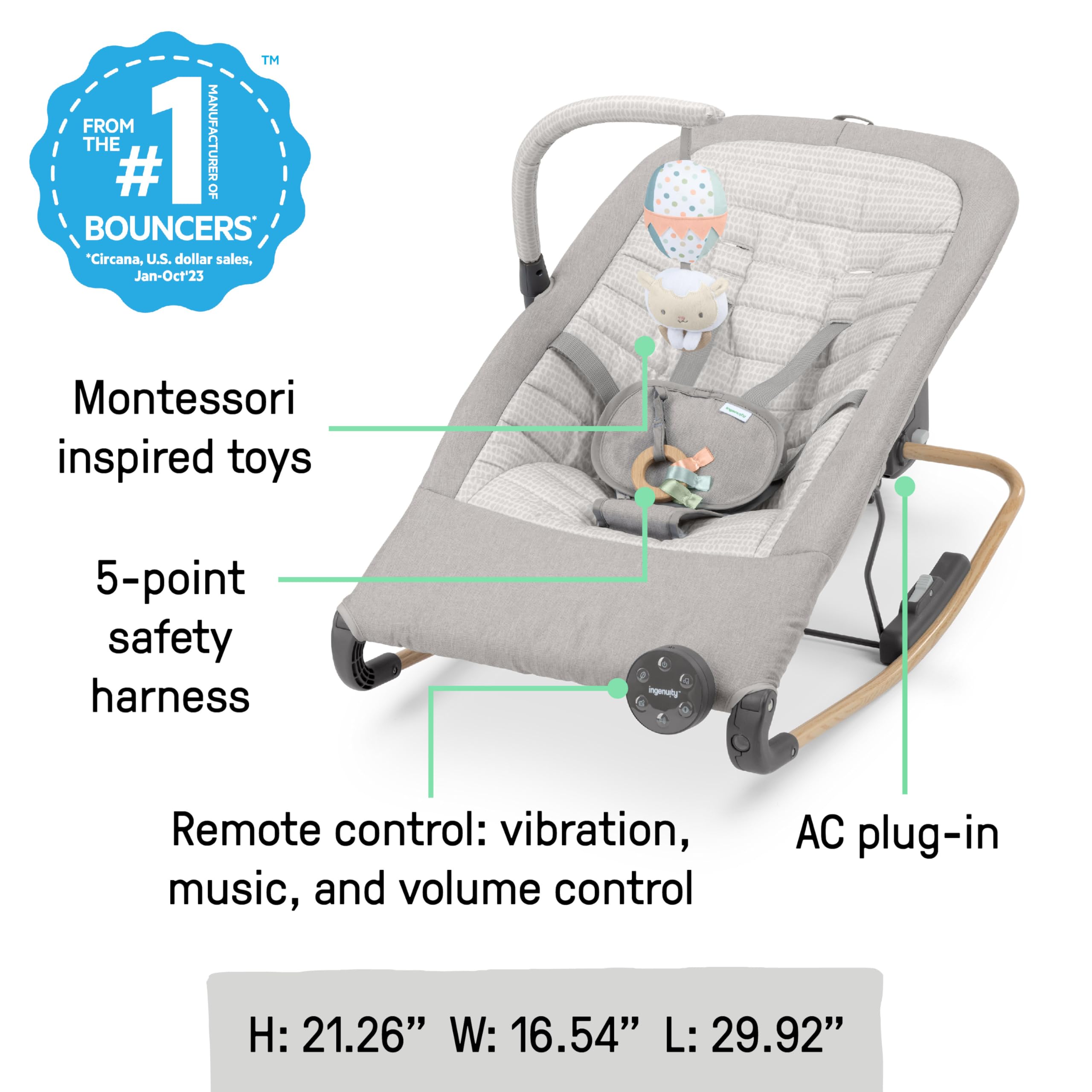 Ingenuity Keep Inmotion Automatic Baby Rocker Seat, with Remote Control for Vibration, Music & Volume Control, Premium Materials, 0-6M - Soulful Skies