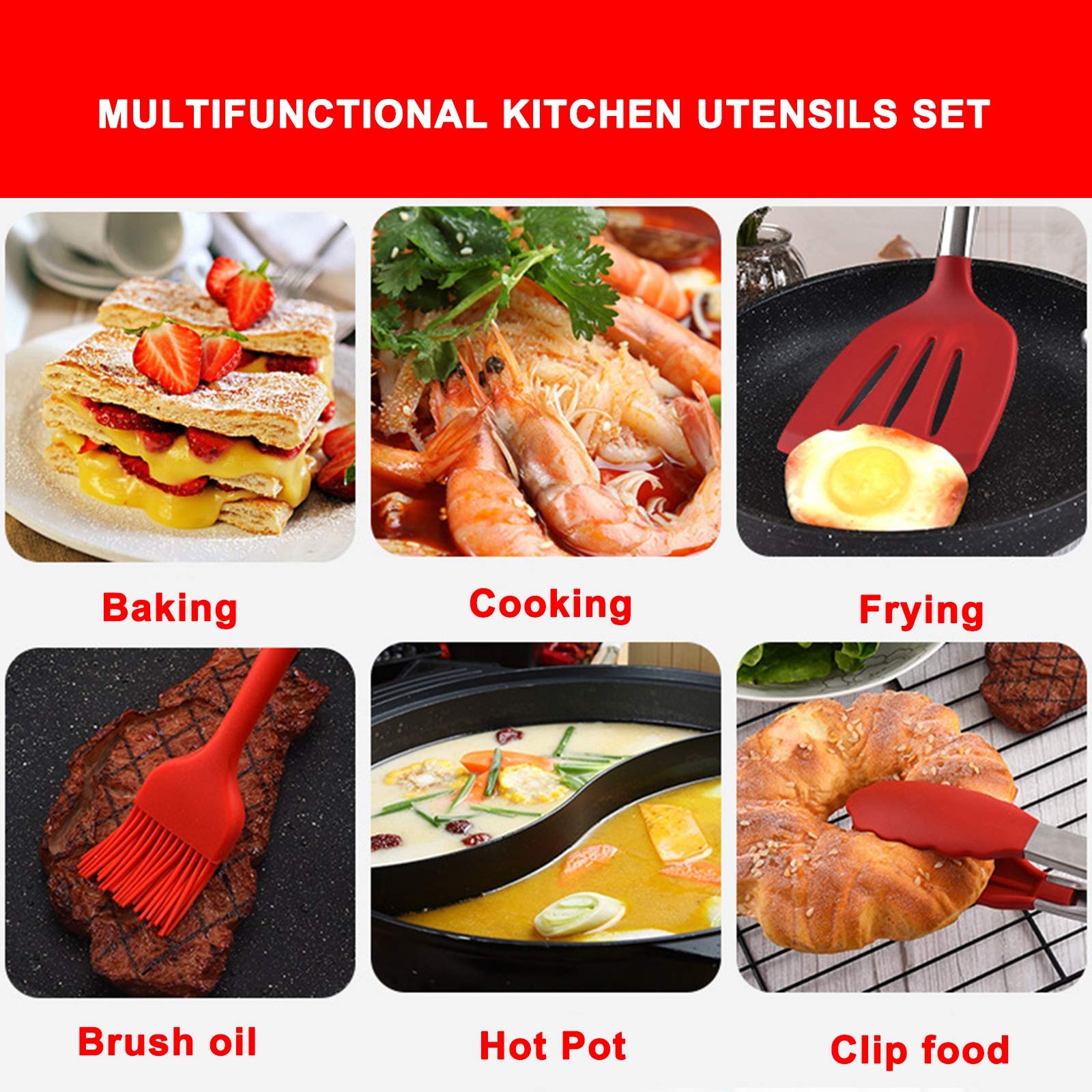 Utensilios de Cocina de Silicona, 13 Piezas Juego de Utensilios de Cocina con Soporte para Utensilios y 13 Ganchos, Utensilios de Cocina Antiadherentes y Resistentes al Calor para el Hogar,Negro