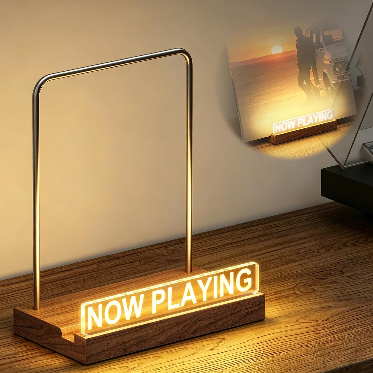 KORRTFID Now Playing Vinyl Record Stand , Light Up Album Display Holder , Vinyl Record Display , Album Player Stand, Wooden Acrylic Holder with Warm White Light (Transparent)