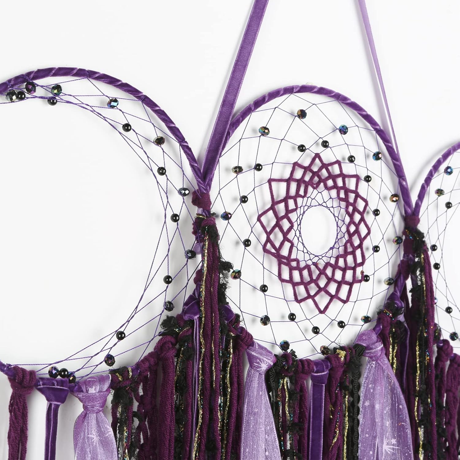 ANROYE Purple Triple Moon Goddess Macrame Wall Hanging, Boho Wiccan Crescent Dream Catcher, Bohemian Dreamcatcher for Women,Woven Pagan Tapestry Decor for Bedroom Witch Decoration