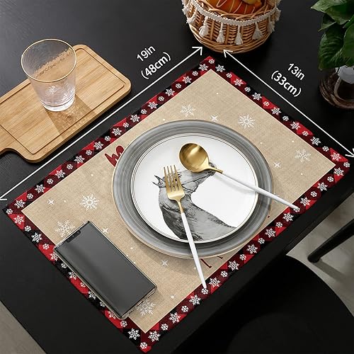 Miniatura 6 de Juego de 4 manteles individuales de alce de Navidad para mesa de comedor, diseño de reno de Navidad, negro, rojo, búfalo, a cuadros, duraderos,