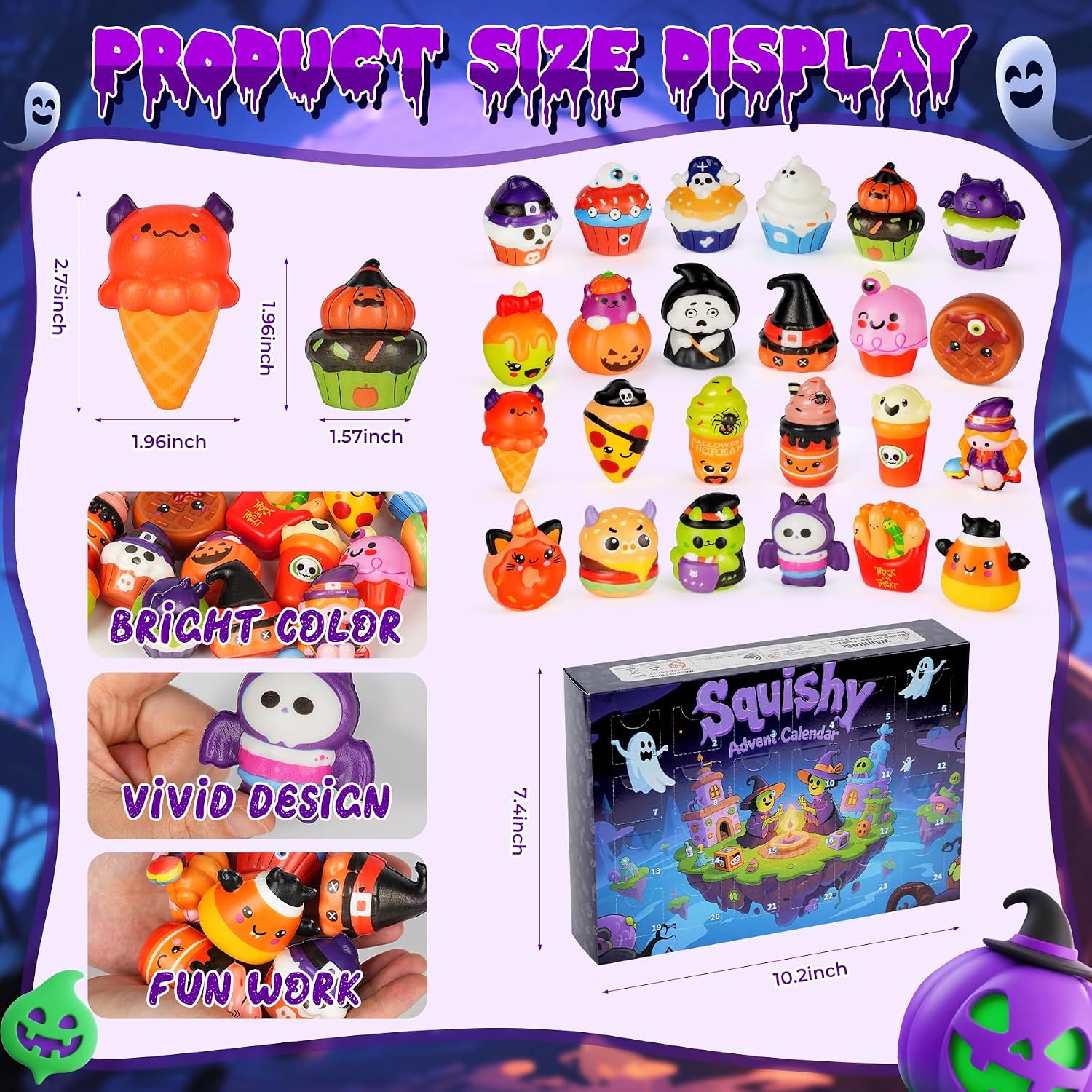 Squishy Advent Calendar 2026 with 24 Pcs Slow Rising Squeeze Squishy Halloween Toys for Vacation Countdown,Stress Relief Gifts Trick or Treat Boo Basket Stuffers for Kids Toddlers Boys Girls